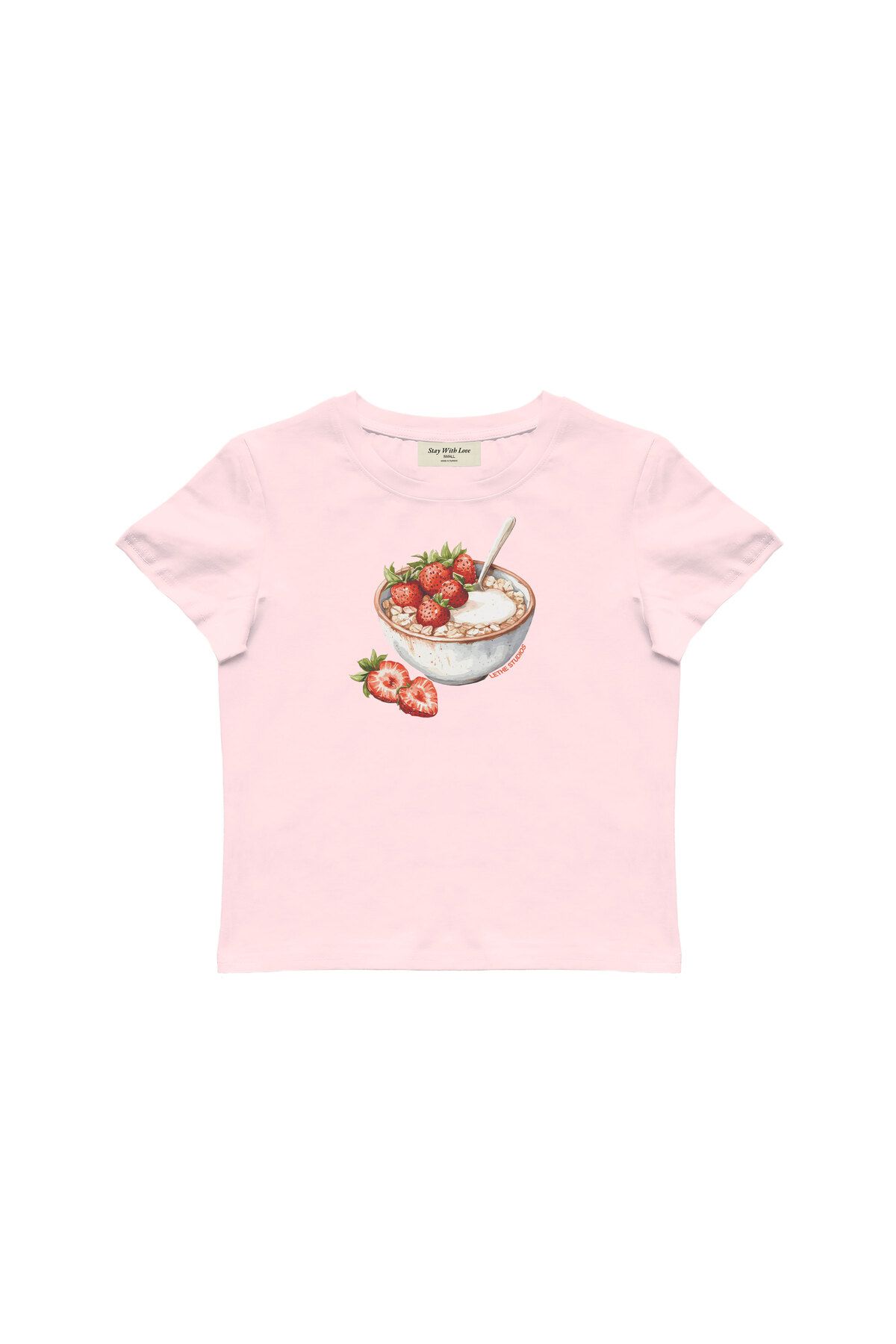 lethestudios Strawberry Oats Baskılı, Meyve Desenli Baby Tee Crop Top