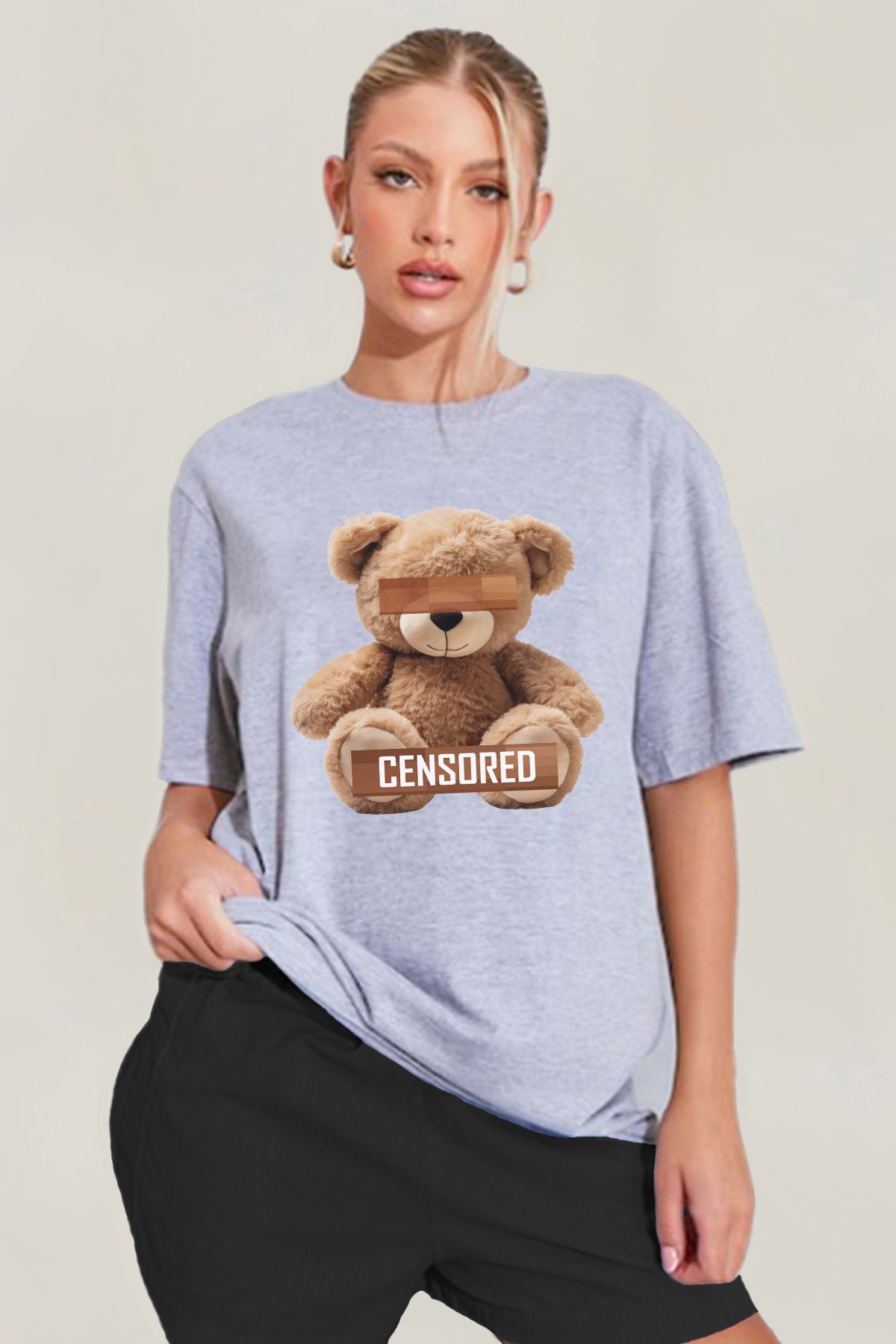 MODA Teddy Bear Censored Baskılı Oversize Grimelanj Geniş Bol Kesim Kadın Tişört