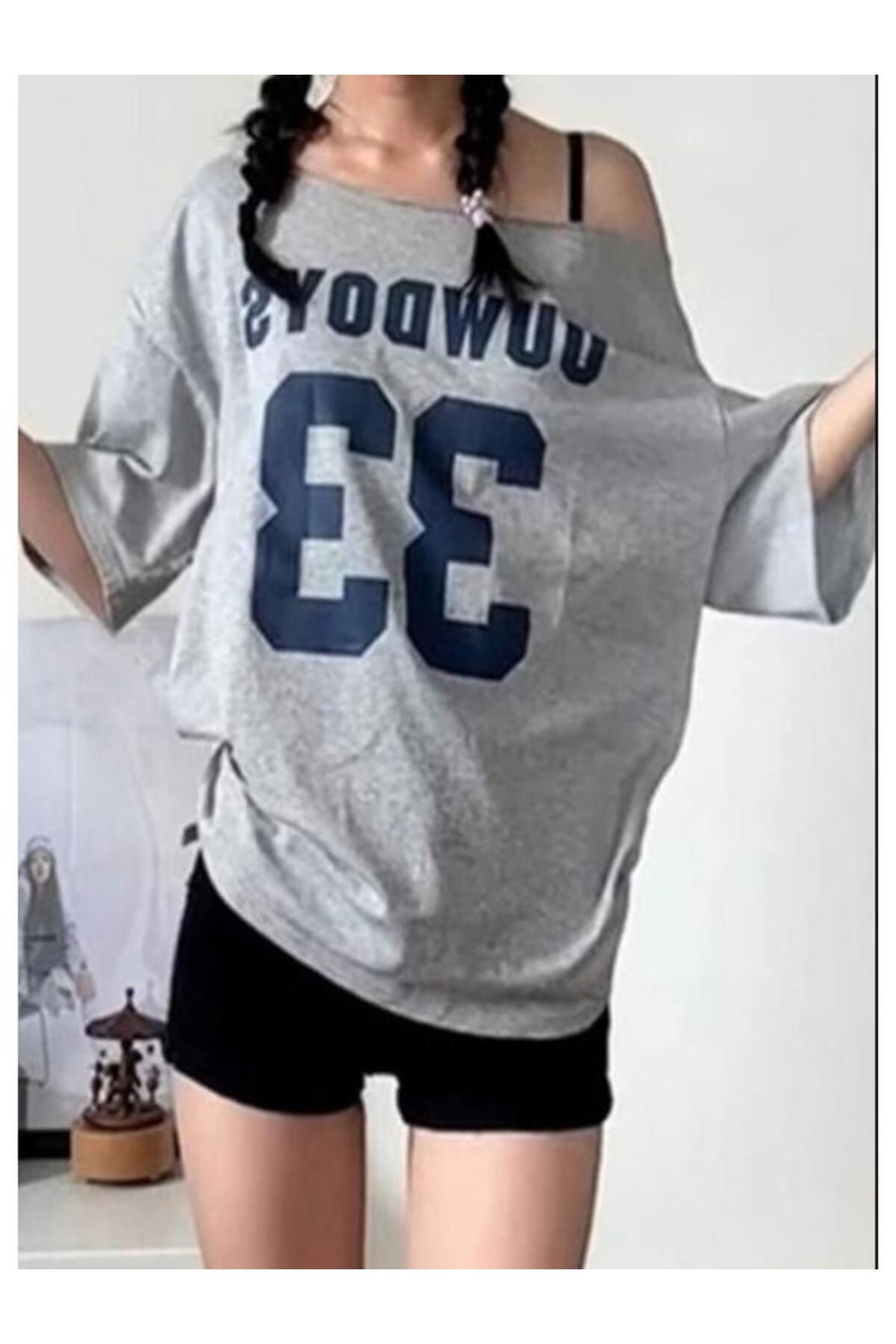 Moonstarcollection Düşük Omuzlu Oversize Ouw Doys 33 Gri Tişört