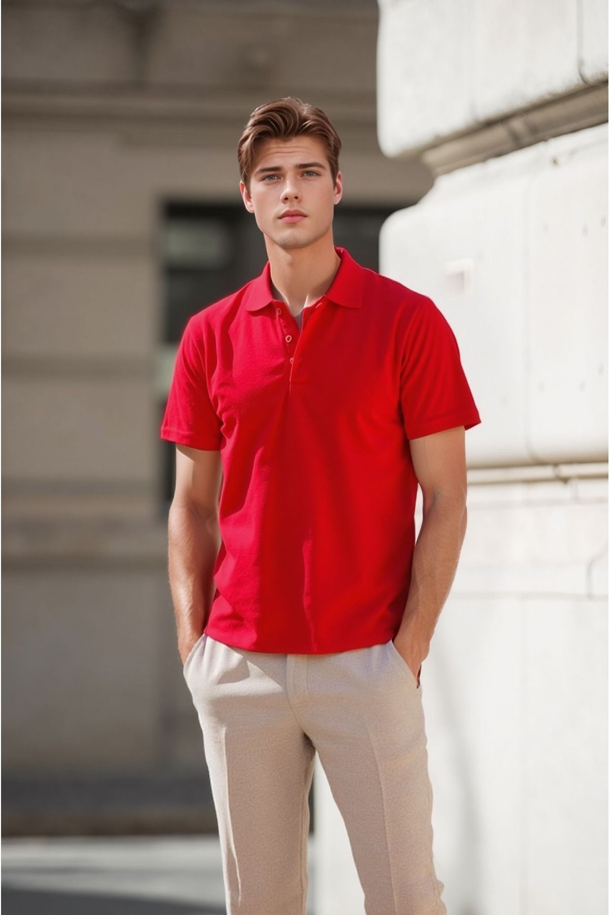 ROZELT Erkek Kırmızı Pamuklu Polo Yaka T-shirt
