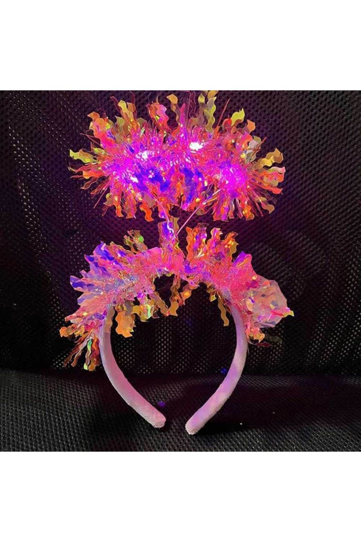 Epilons Pembe Renk Pembe Işıltılı Püsküllü Led Işıklı Parlak Hologramlı Taç 25x12 cm
