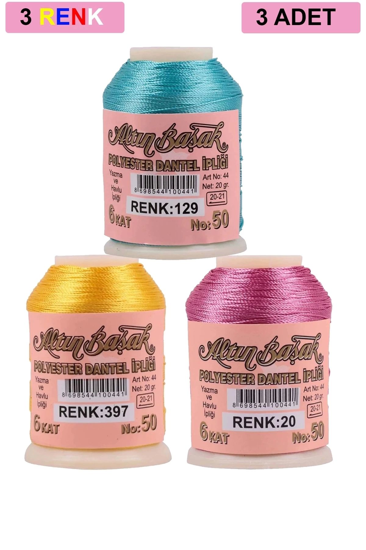 PRATİKOBA 3 Adet Altınbaşak Oya ve Dantel İpi 20 gr - Royaleks - No: 397 - 020 - 129