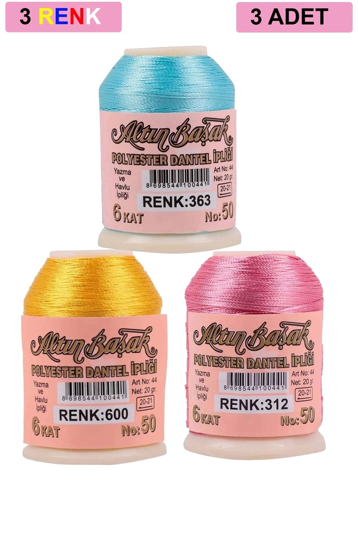 PRATİKOBA 3 Adet Altınbaşak Oya ve Dantel İpi 20 gr - Royaleks - No: 600 - 312 - 363