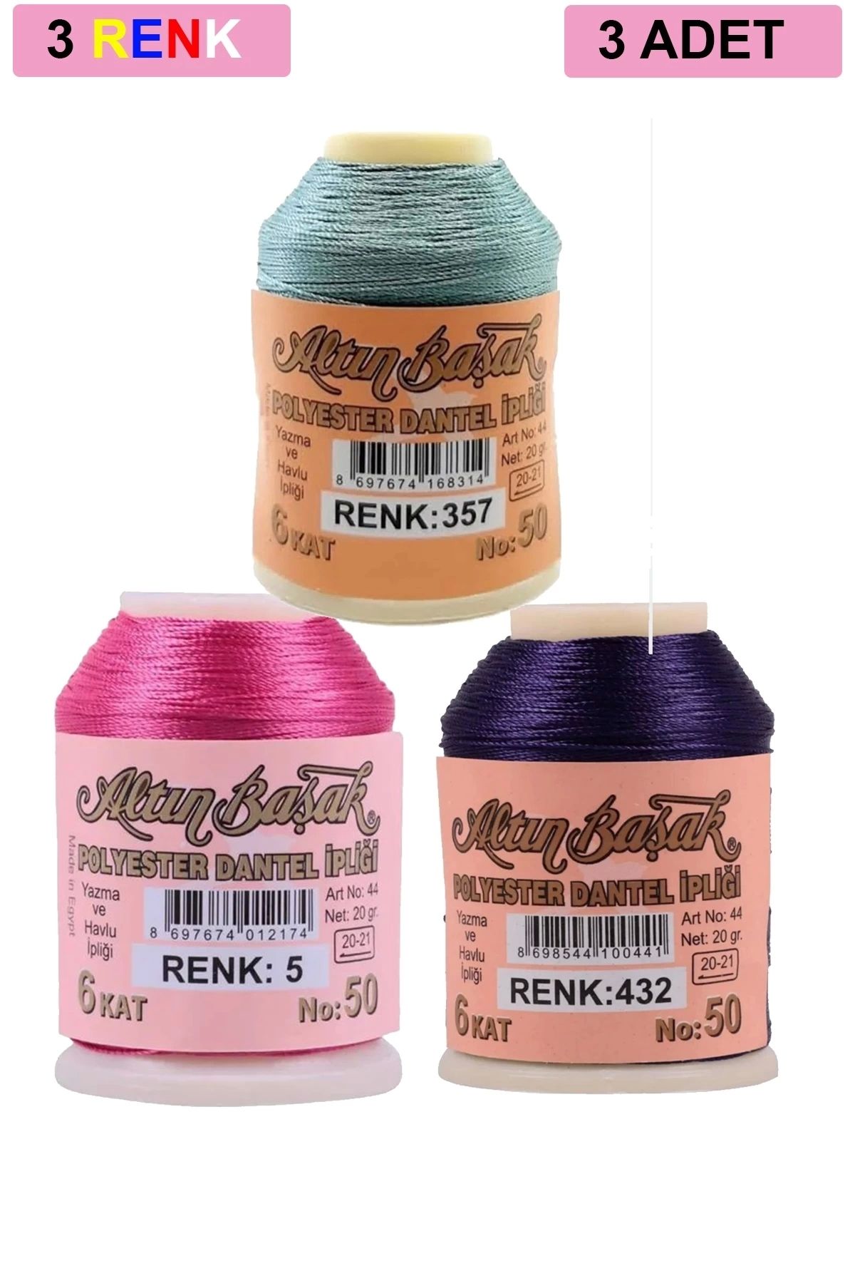 PRATİKOBA 3 Adet Altınbaşak Oya ve Dantel İpi 20 gr - Royaleks - No: 005 - 432 - 357
