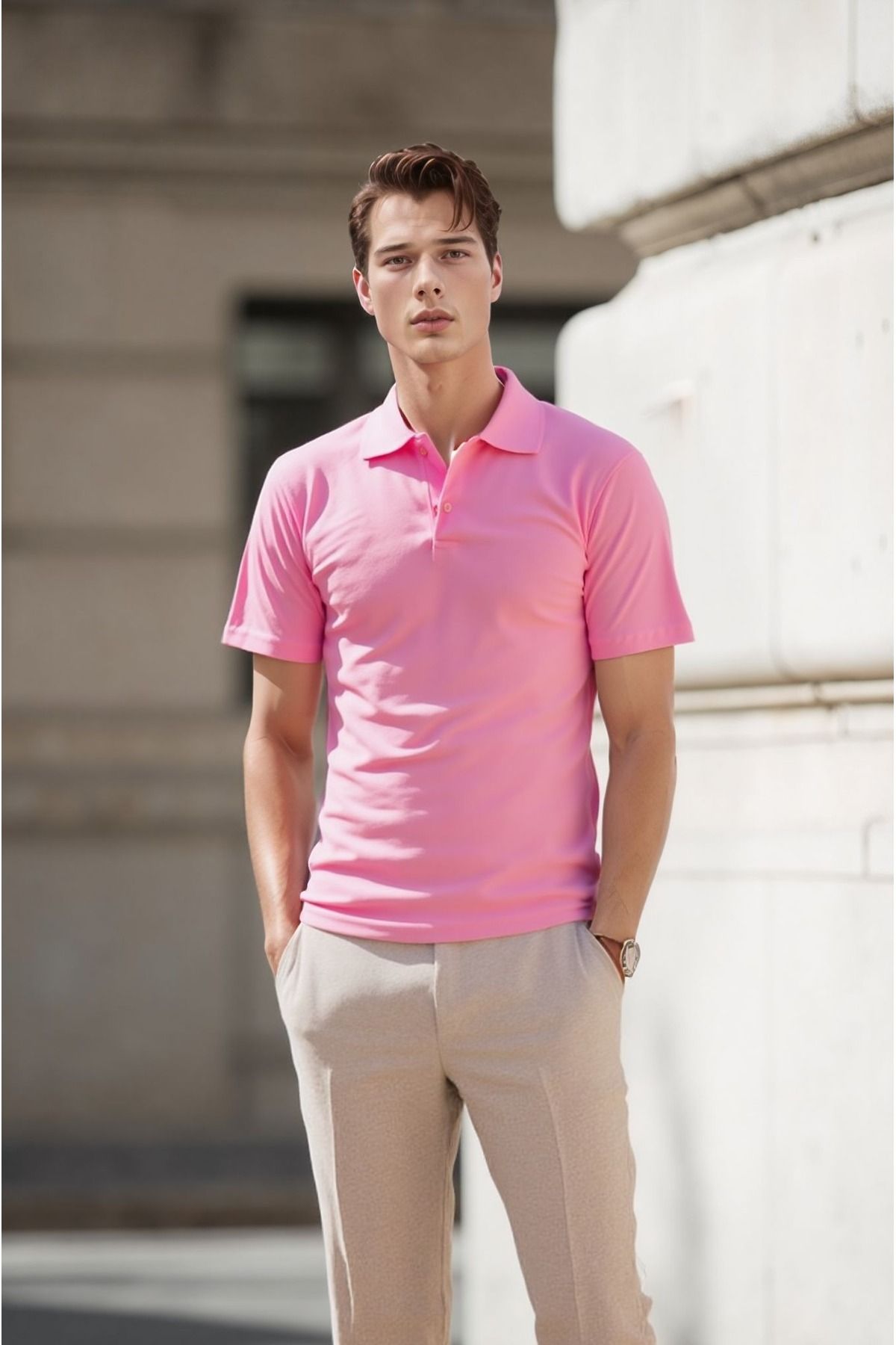 ROZELT Erkek Açık Pembe Pamuklu Polo Yaka T-shirt