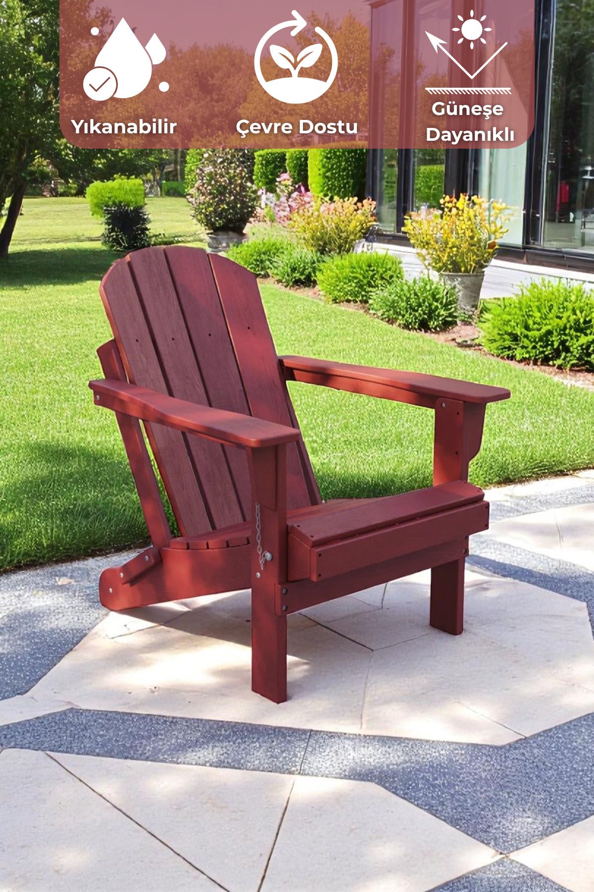 Sevinse Home HDPE Kırmızı Adirondack Klasik Katlanır Sandalye, Balkon, Bahçe Mobilyası, Teras Takımı