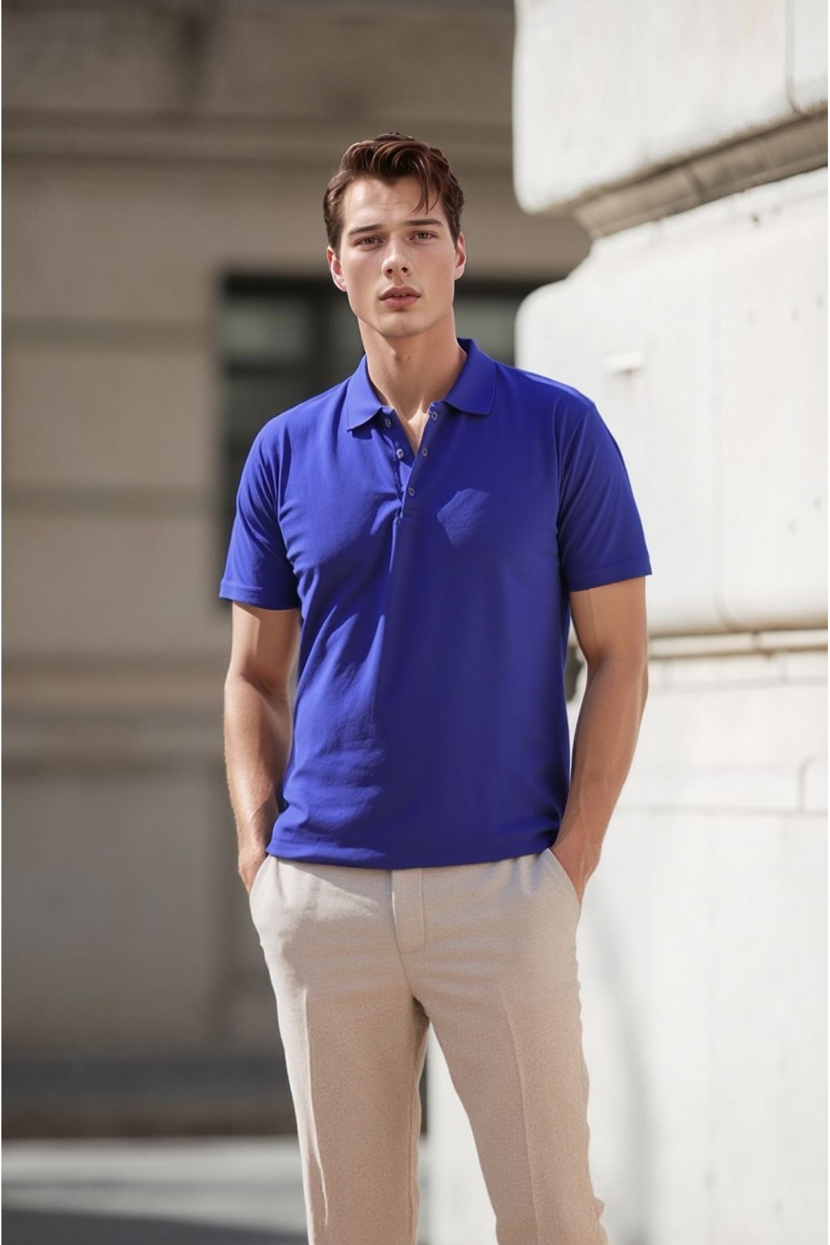 ROZELT Erkek Saks Mavi Pamuklu Polo Yaka T-shirt
