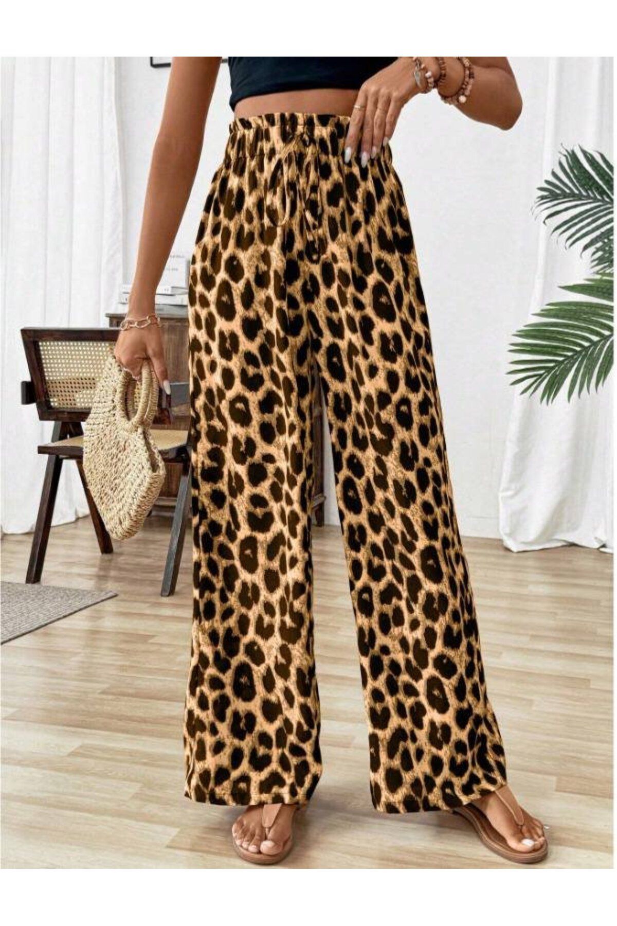 jupiter global bazaar Kadın Süprem Kumaş Beli Lastikli Leopar Desen Pantolon