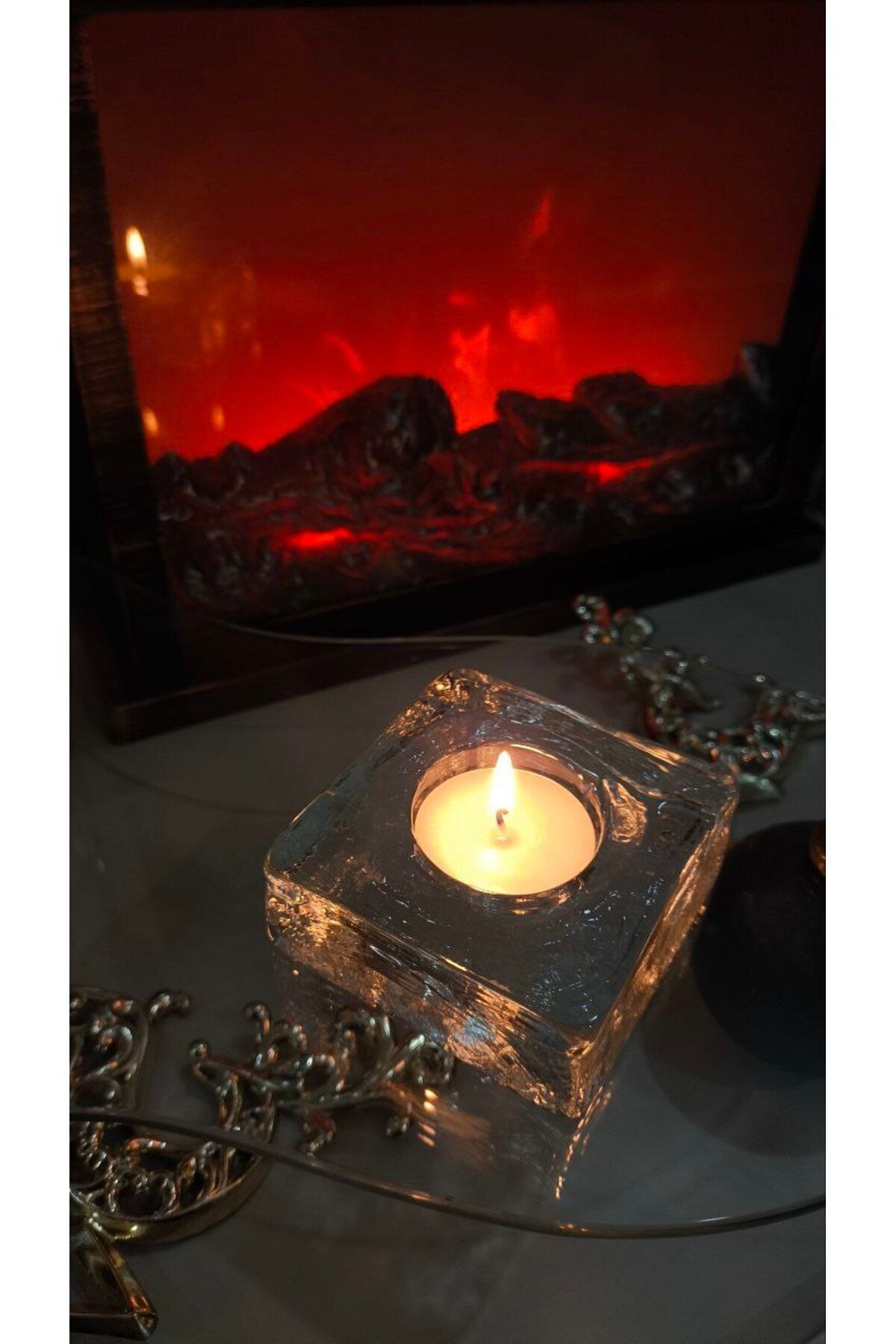 Tavcam 3 lü Set , Kare Cam Mumluk - El işi cam özel dokulu yüzey tealight mumluk