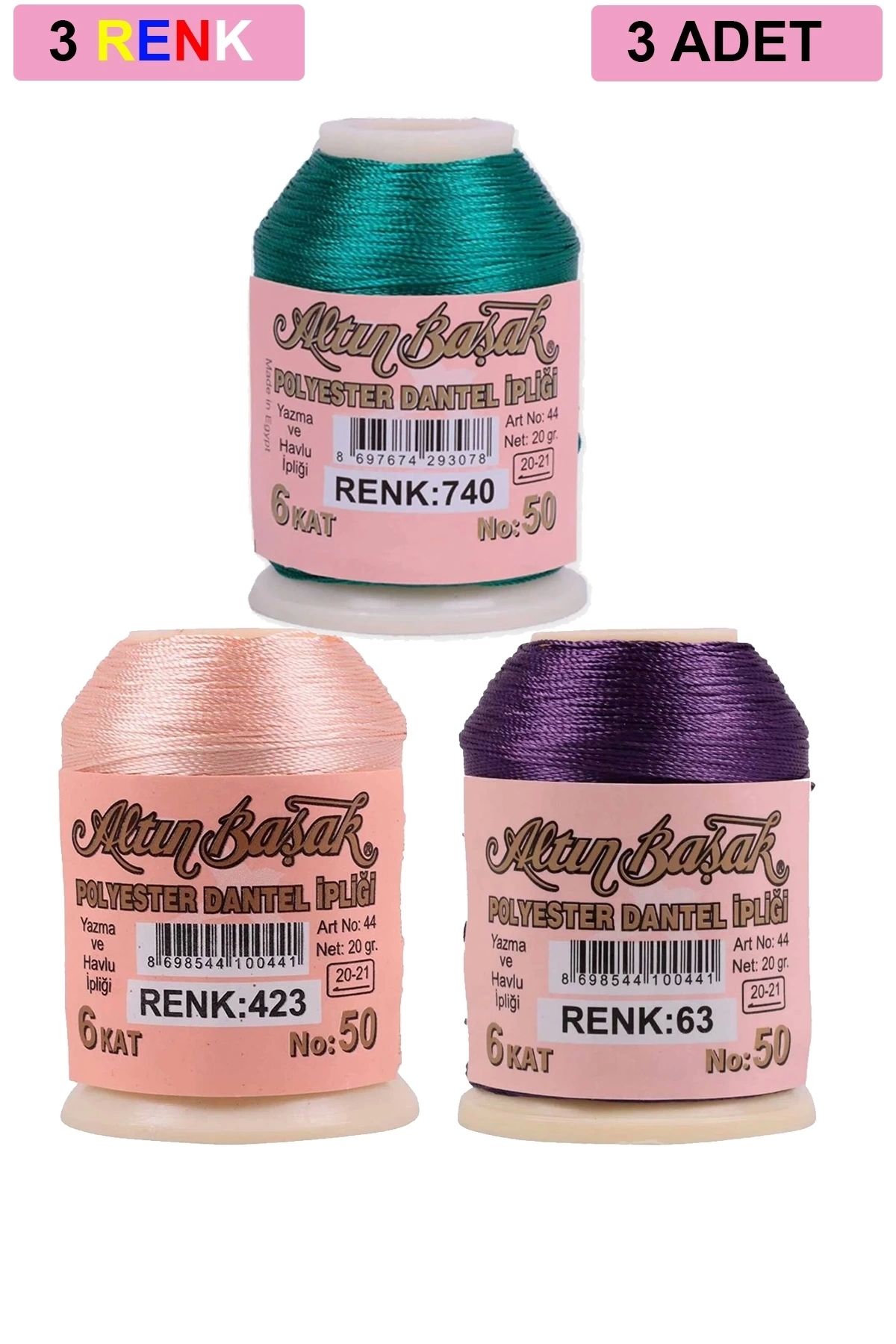 PRATİKOBA 3 Adet Altınbaşak Oya ve Dantel İpi 20 gr - Royaleks - No: 423 - 063 - 740