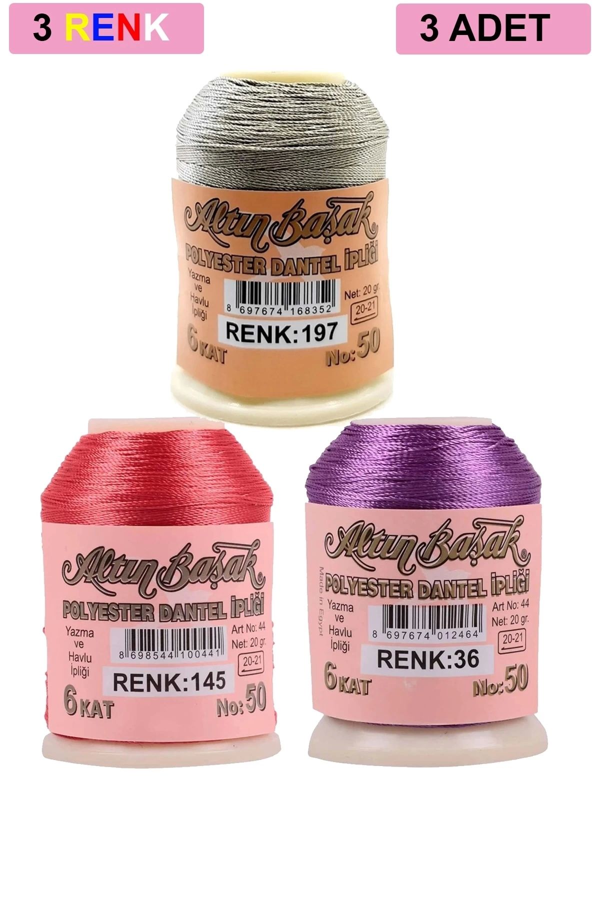 PRATİKOBA 3 Adet Altınbaşak Oya ve Dantel İpi 20 gr - Royaleks - No: 145 - 036 - 197