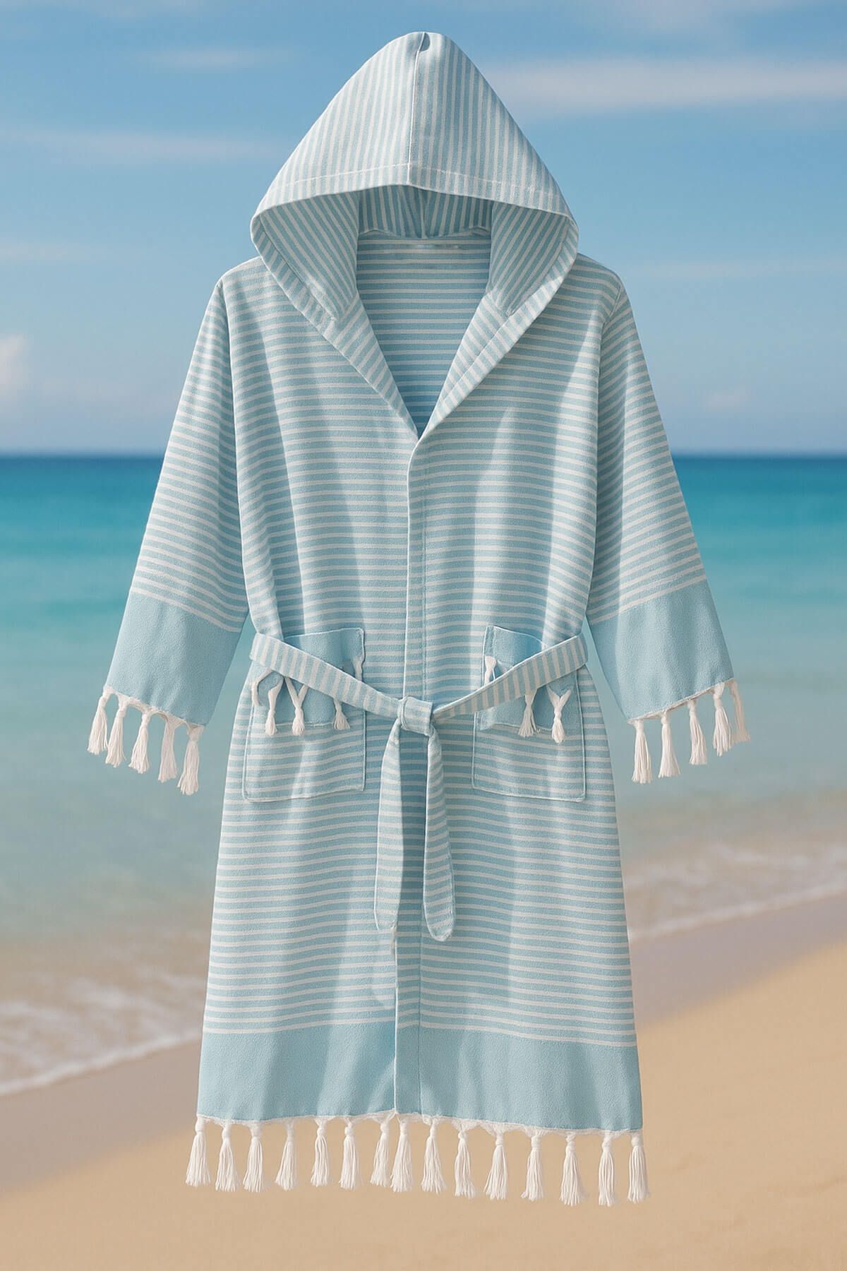 Mira Home Kapşonlu Unisex Peştemal Plaj Bornozu %100 Pamuklu Seaside Stripe