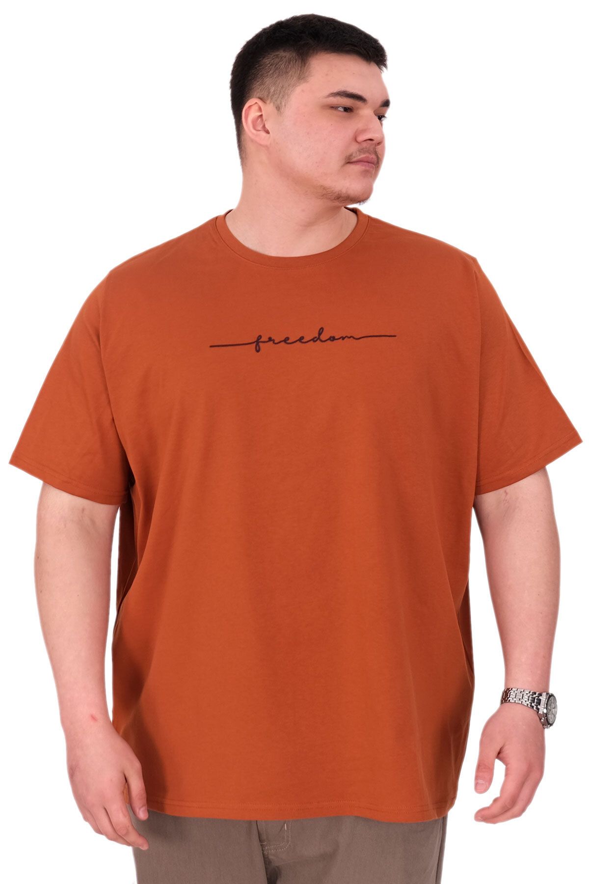 ModeXL Mode XL Büyük Beden Erkek T-Shirt Bisiklet Yaka FREEDOM U25033 Tarçın
