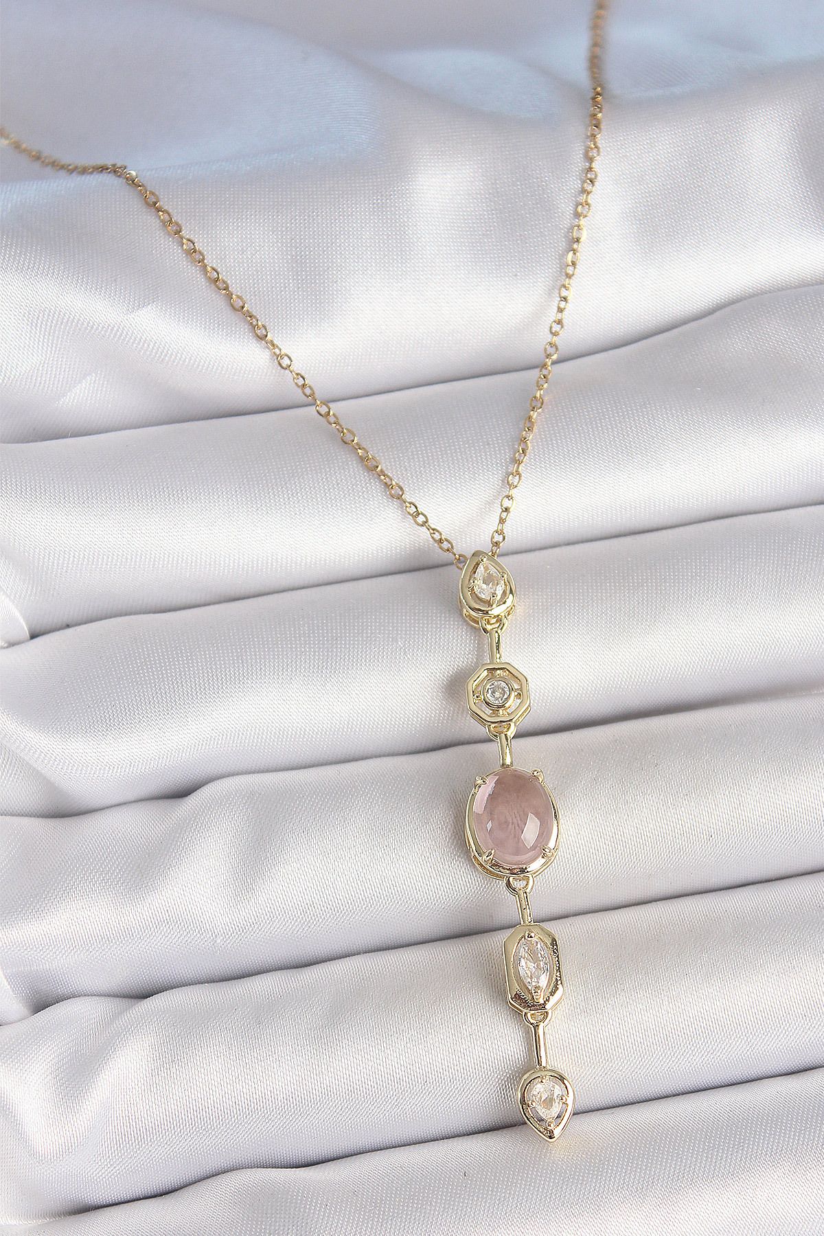lumossia 316L Çelik Zincir Gold Renk Pembe Zirkon Taşlı Y Kolye