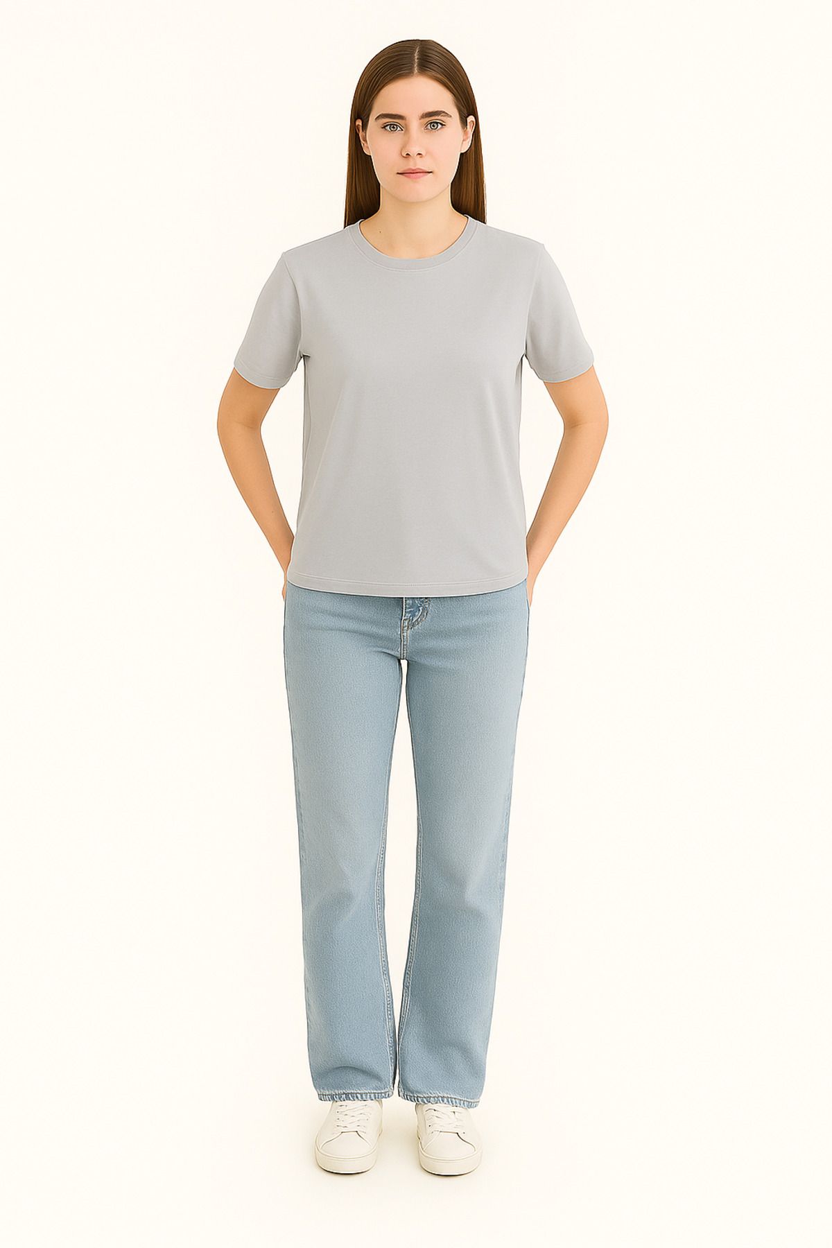 EydaMoon Kadın Regular Likralı Süprem %100 Pamuk Kumaş Bisiklet Yaka Basic T-shirt