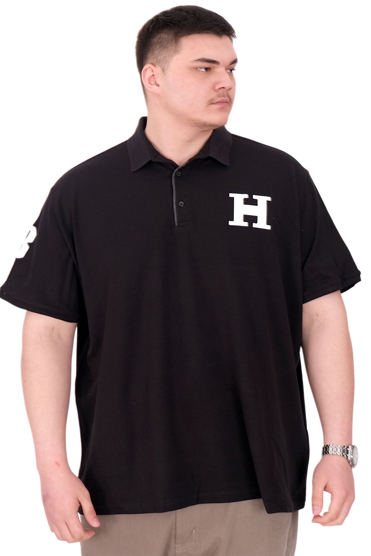ModeXL Mode XL Büyük Beden Erkek T-Shirt Polo Yaka H BROUDED U25312 Siyah