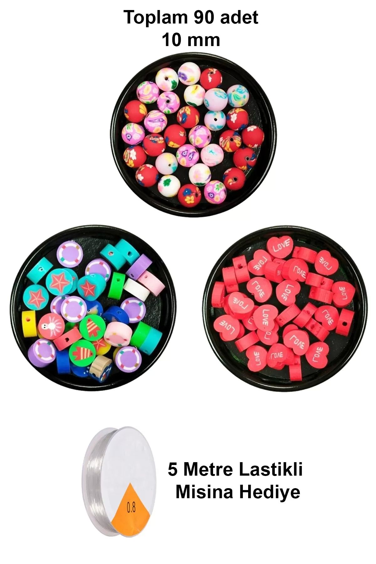 PRATİKOBA 90 Adet 10 mm Polimer Kil Fimo Boncuk Takı Bileklik + 5 Metre Misina Hediye - Deniz - Kalp - Yuvarla