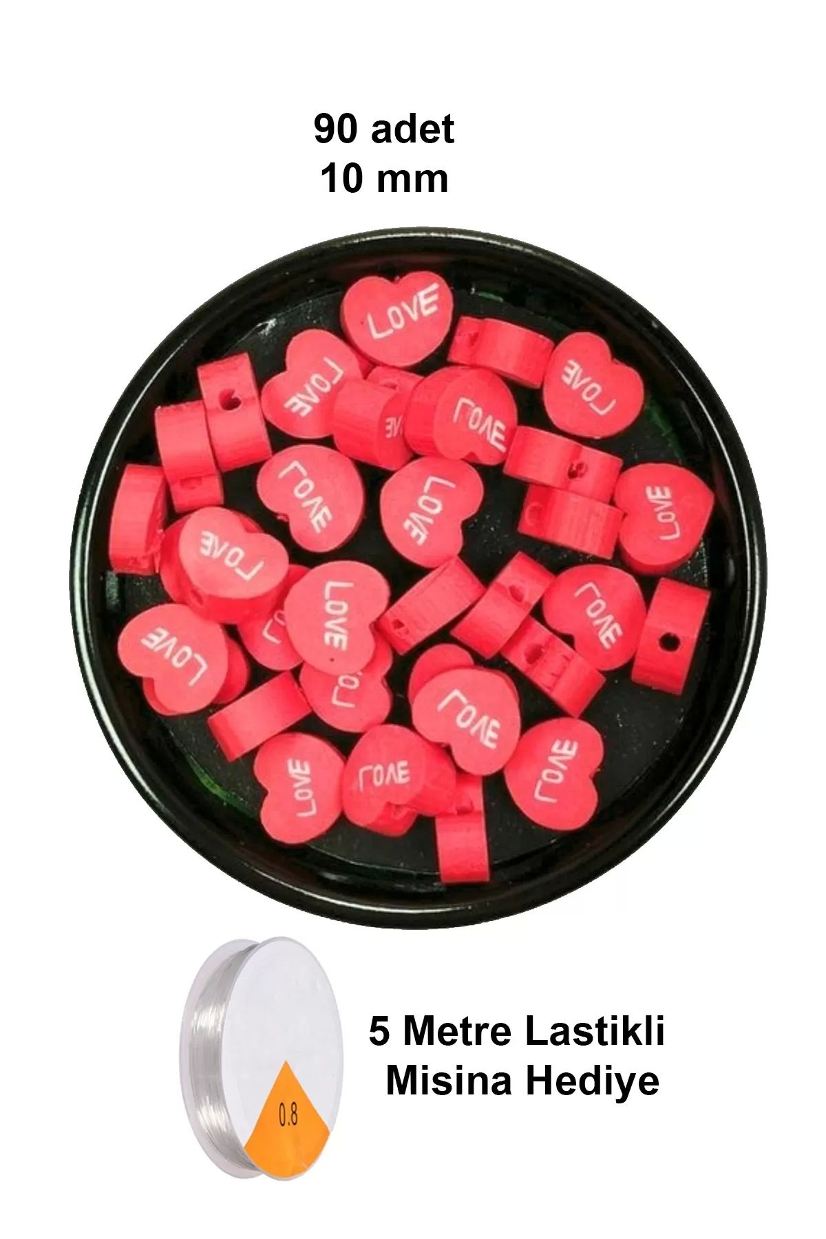PRATİKOBA 90 Adet 10 mm Polimer Kil Fimo Boncuk Takı Bileklik + 5 Metre Lastikli Misina Hediye - Kalp Love