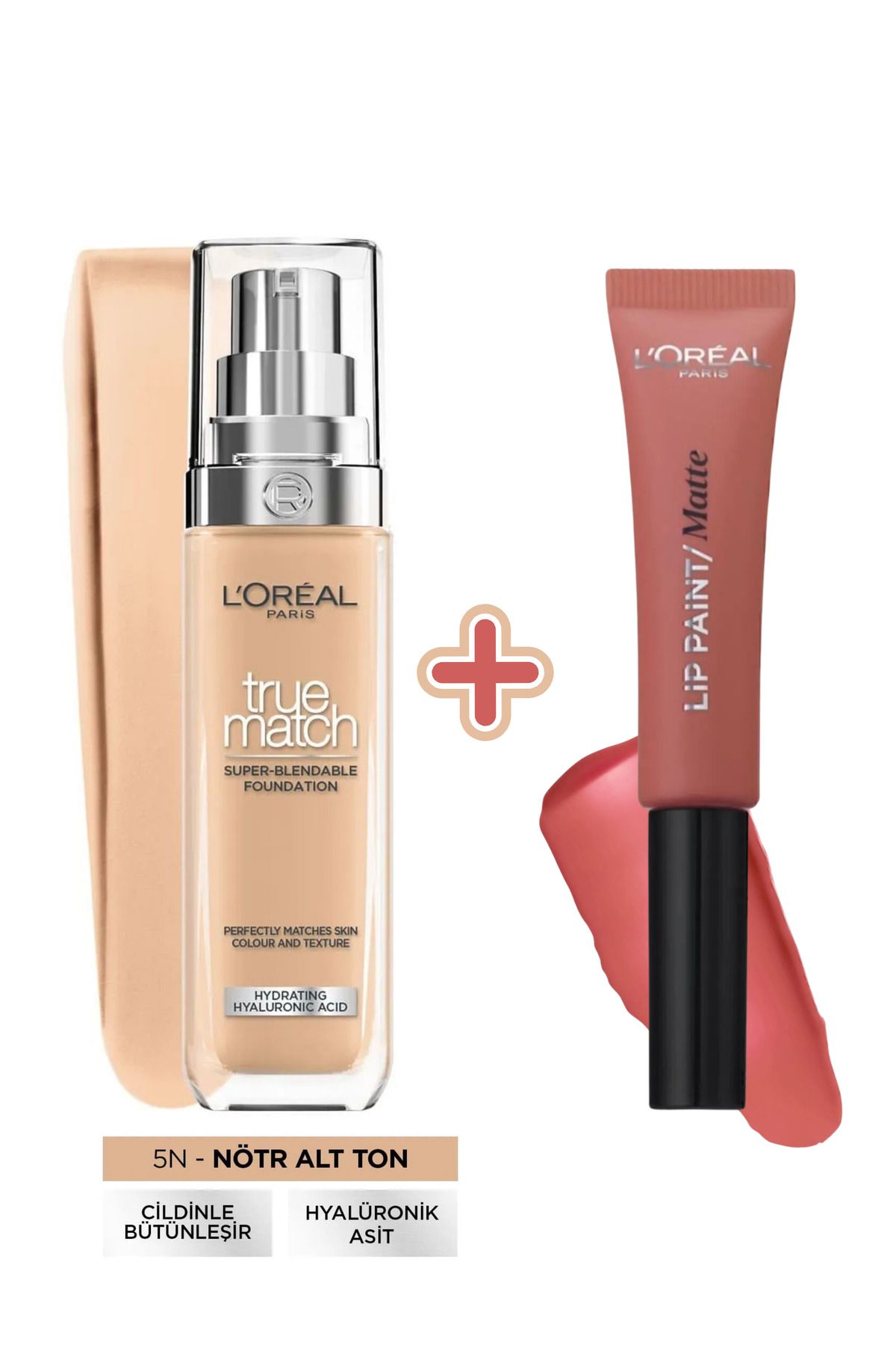 L'Oreal Paris True Match Bakım Yapan Fondöten - 5N Nötr Alt Ton + Likit Mat Ruj - Infaillible Lip Paint Matte 201