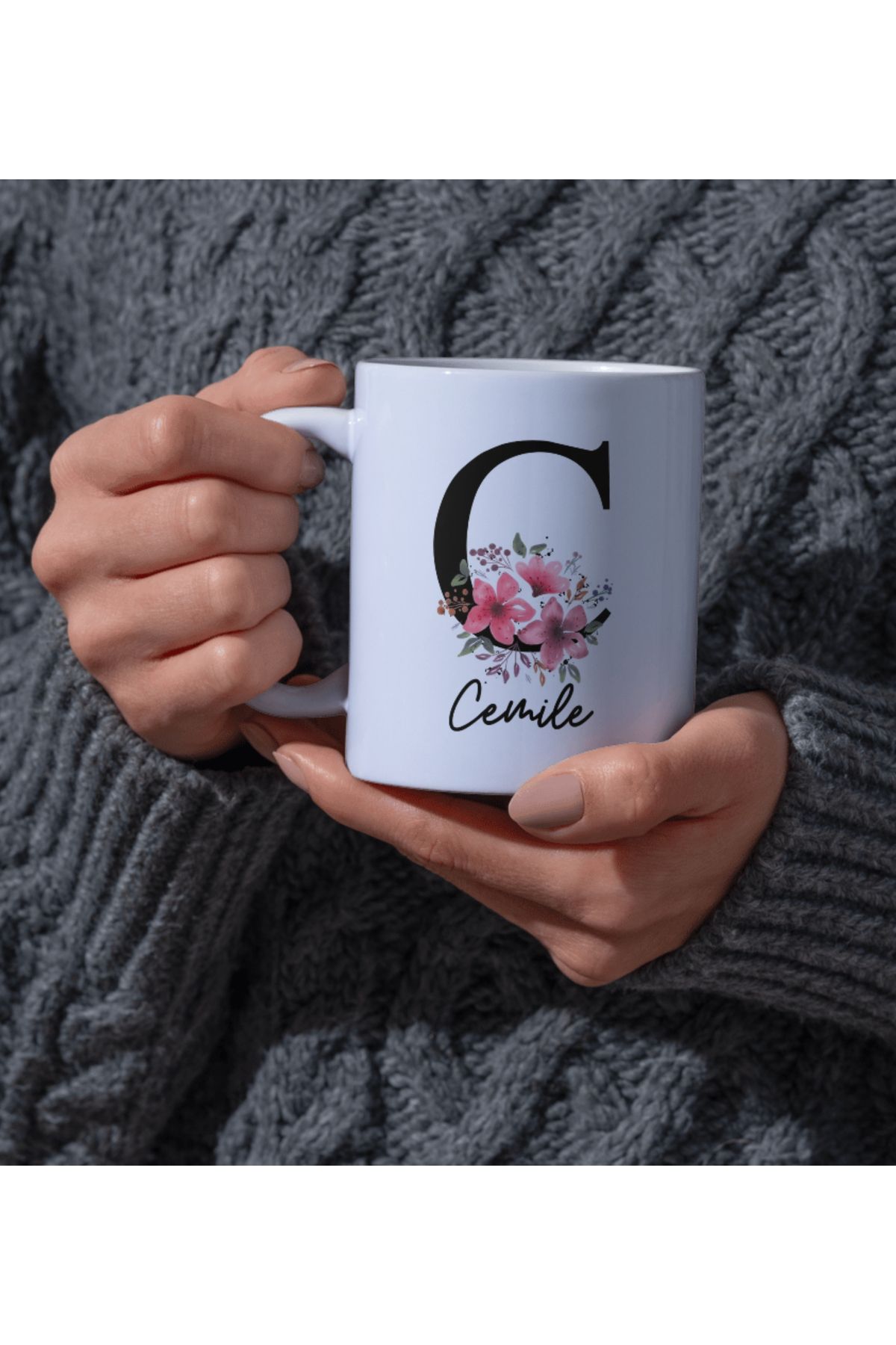 DEARMUG Kupa Bardak Kırmızı Çiçekli Kişiye Özel C Harfli İsimli Beyaz Kupa Bardak Kahve Hediye Seti