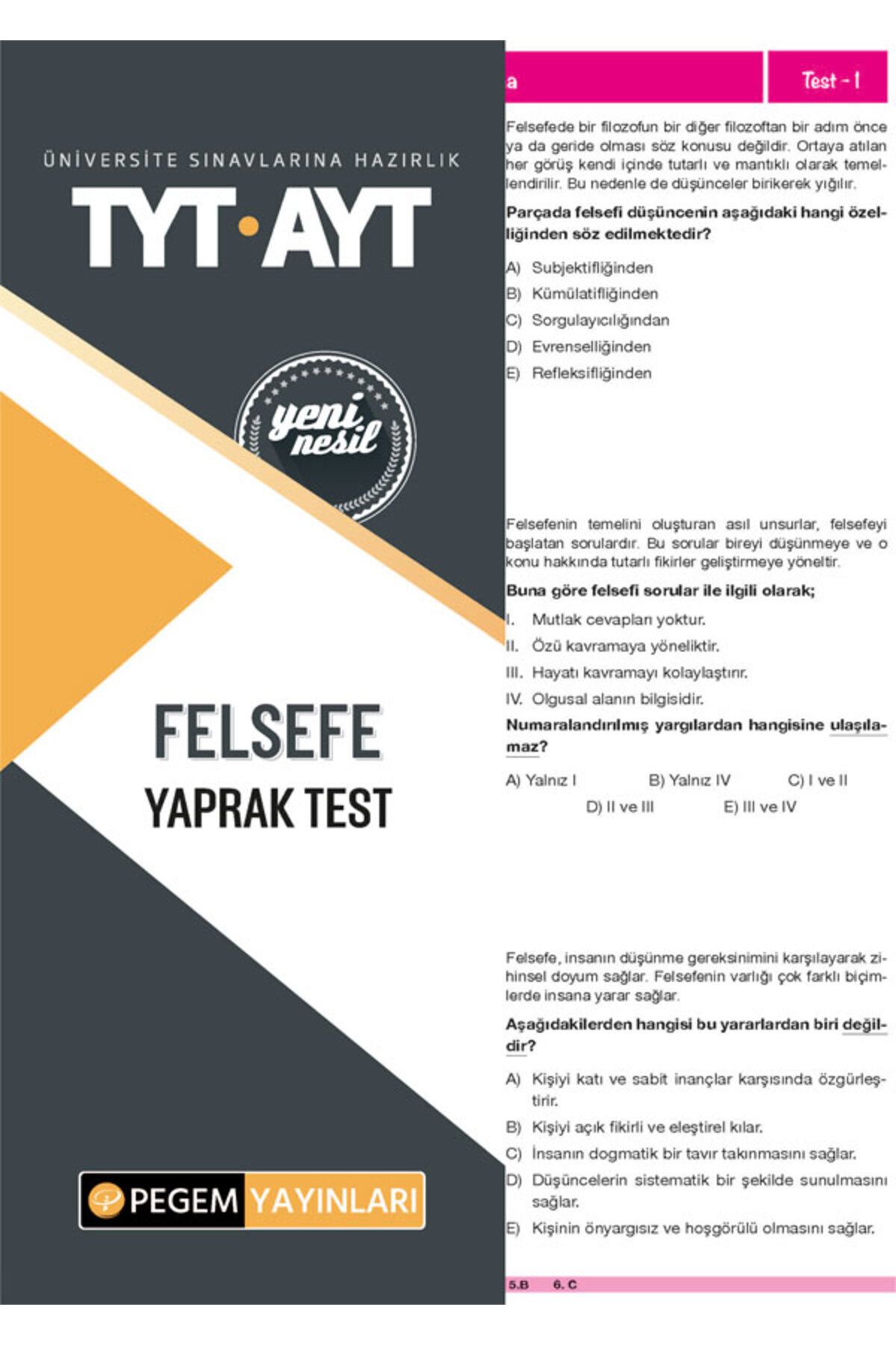 Pegem Akademi Yayıncılık Tyt-Ayt Felsefe Yaprak Test Pegem Yayınları