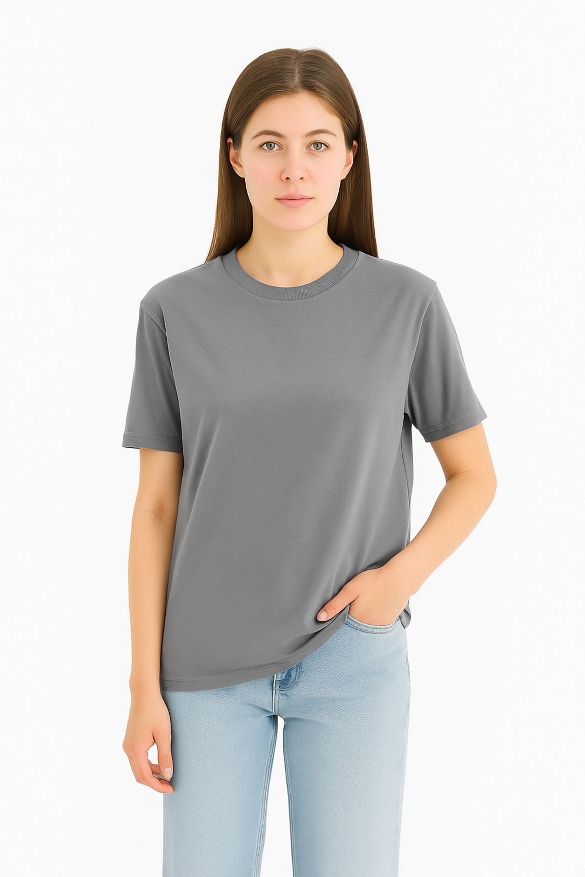 EydaMoon Kadın Regular Likralı Süprem %100 Pamuk Kumaş Bisiklet Yaka Basic T-shirt