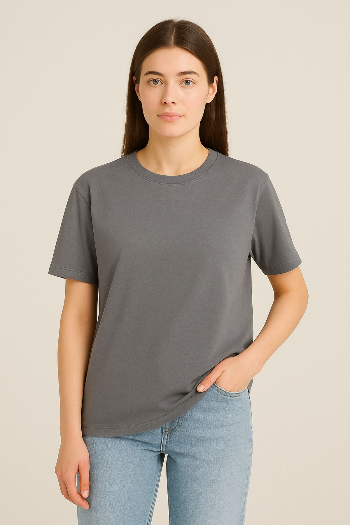 EydaMoon Kadın Regular Likralı Süprem %100 Pamuk Kumaş Bisiklet Yaka Basic T-shirt