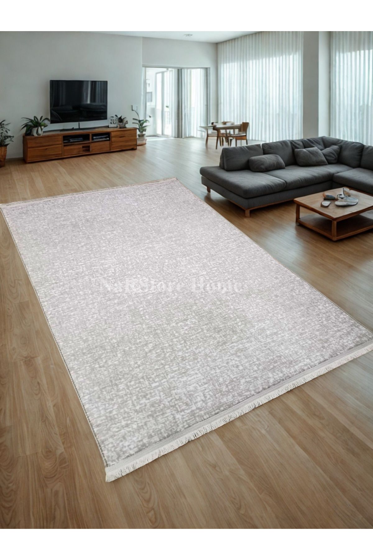 NaRStore Home Düz Desen Bej Saçaklı Kaymaz Taban Kesme Yıkanabilir Halı Yolluk