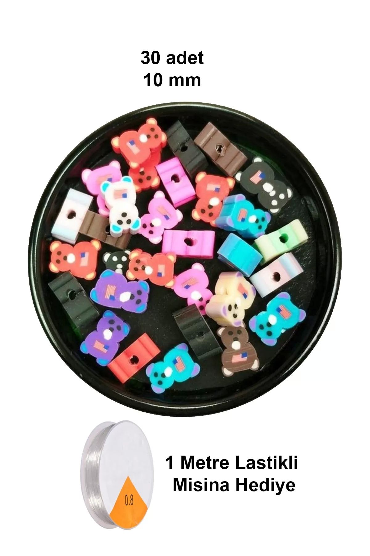 PRATİKOBA 30 Adet 10 mm Polimer Kil Fimo Boncuk Takı Bileklik + 1 Metre Lastikli Misina Hediye - Renkli Ayıcık