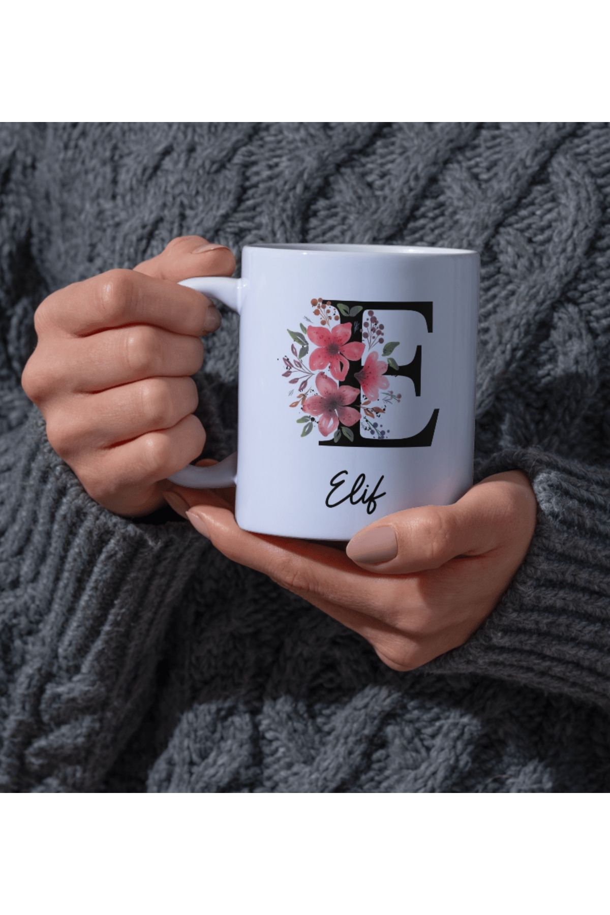 DEARMUG Kupa Bardak Kırmızı Çiçekli Kişiye Özel E Harfli İsimli Beyaz Kupa Bardak Kahve Hediye Seti