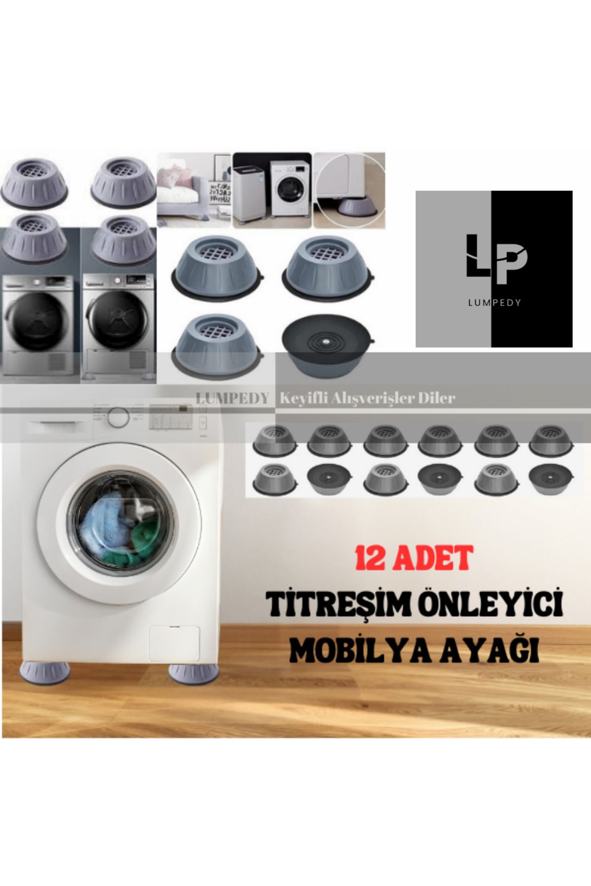 Lumpedy Beyaz Eşya Altlığı Ayağı 12 Adet Çamaşır Bulaşık Makinası Buzdolabı Yükseltici ve Titreşim Önleyici