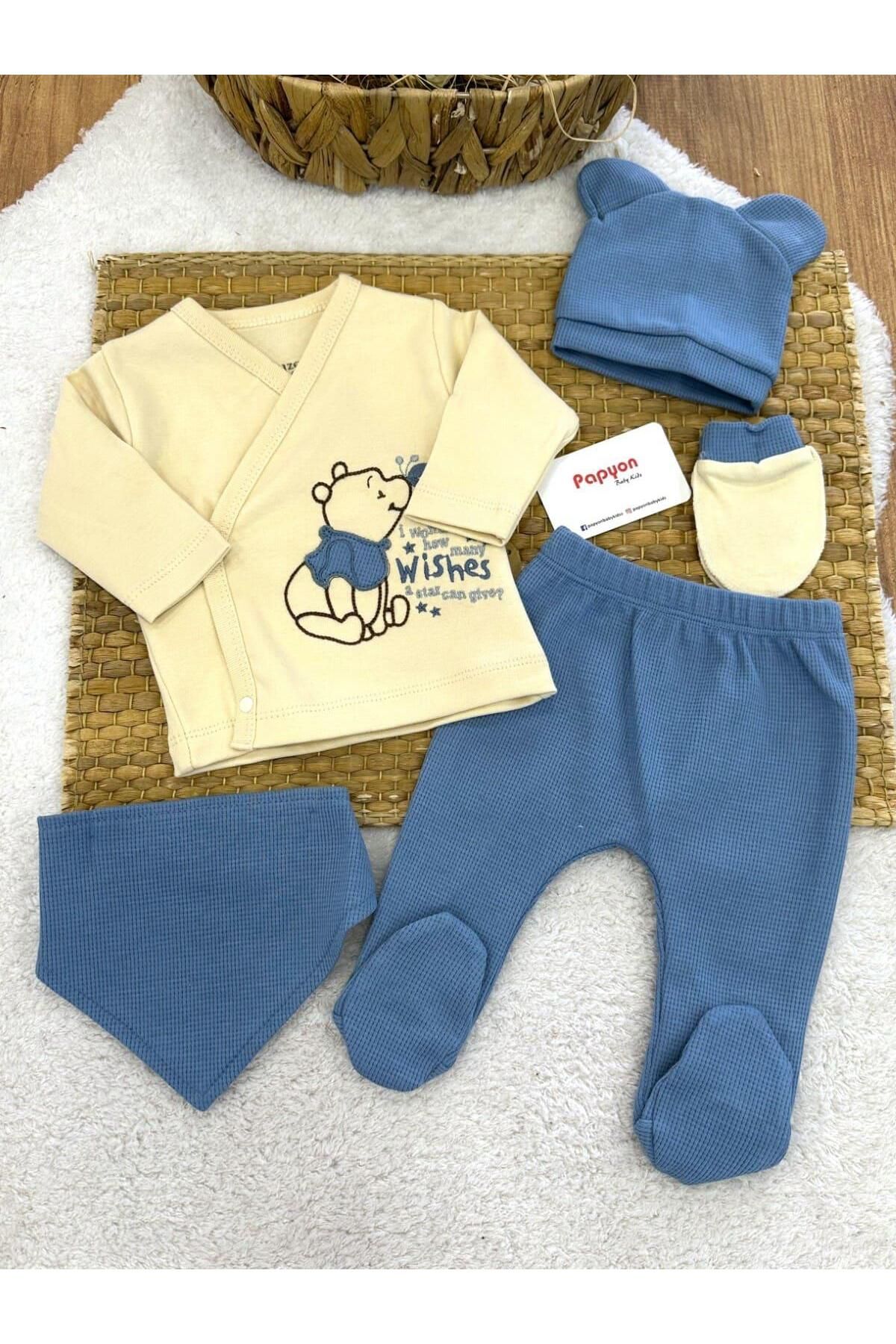 Papyon Baby Kids Winnie Nakışlı Natural Yenidoğan Erkek Bebek 5li Zıbın Set