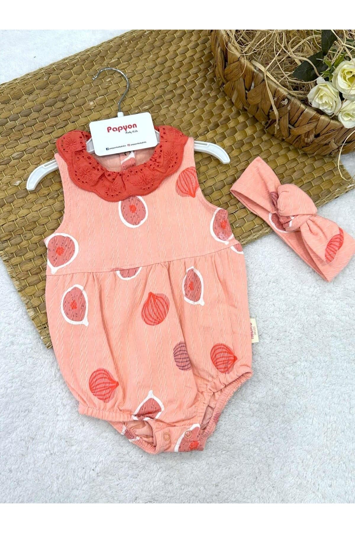 Papyon Baby Kids Güpürlü Yakalı Uçan Balon Baskılı Kız Bebek Bandanalı Alttan Çıtçıtlı Badi (3-6/6-9/9-12 Ay)