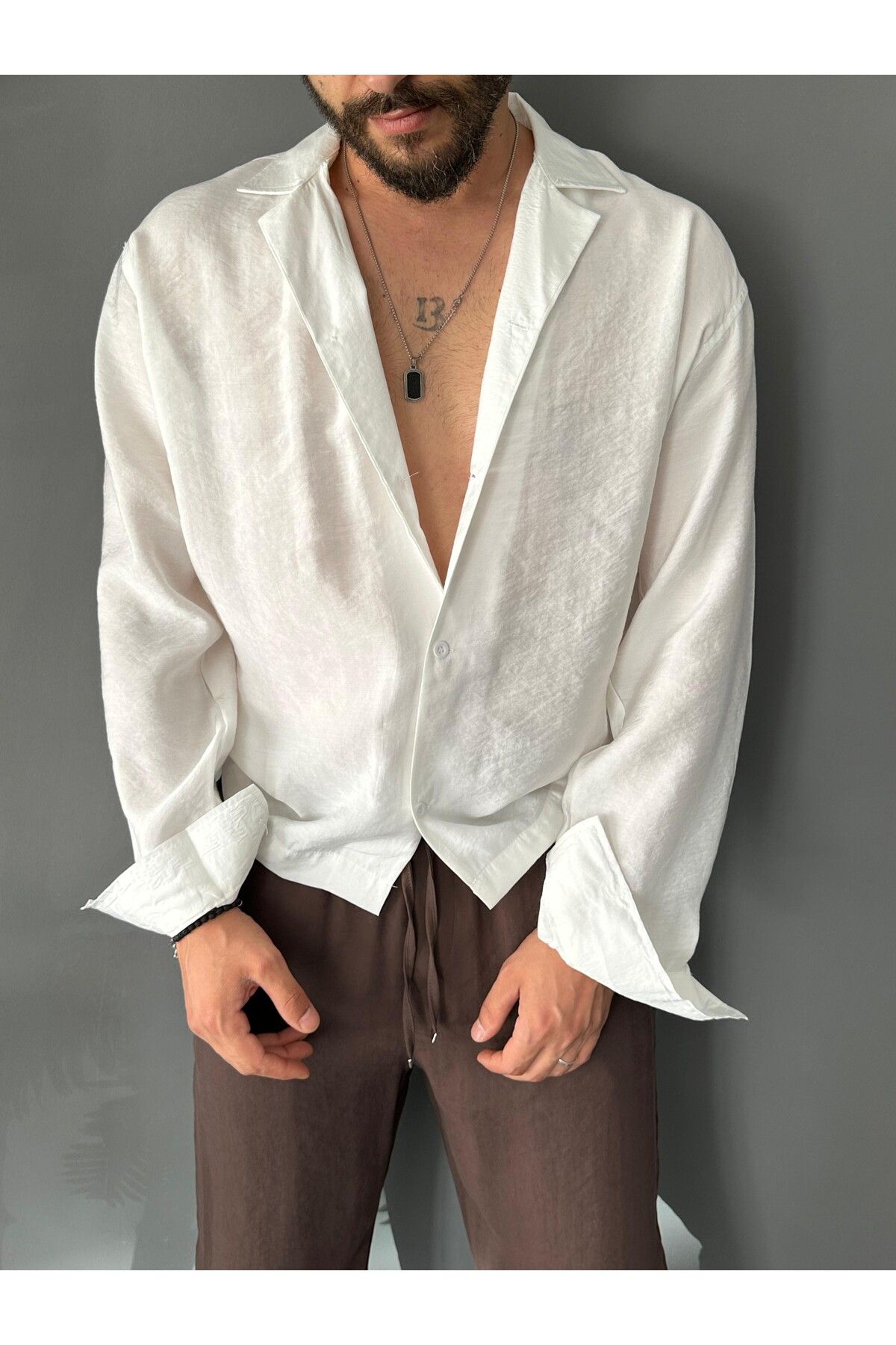 THEMANN Apaş Yakalı Modal Kumaş Beyaz Oversize Gömlek