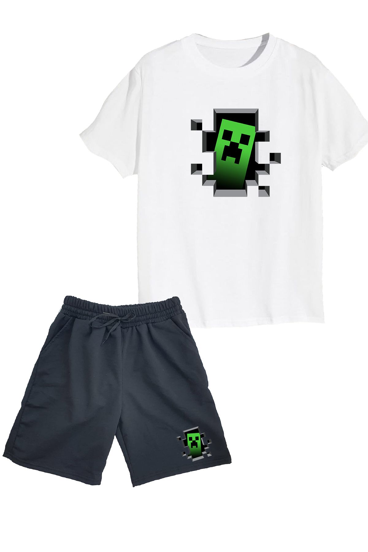 makiteks 2'li Set Baskılı Erkek Çocuk Pamuk Şort Tshirt Takım Mincecr 5 6 7 8 9 10 11 12 13 14 yaş Tişört
