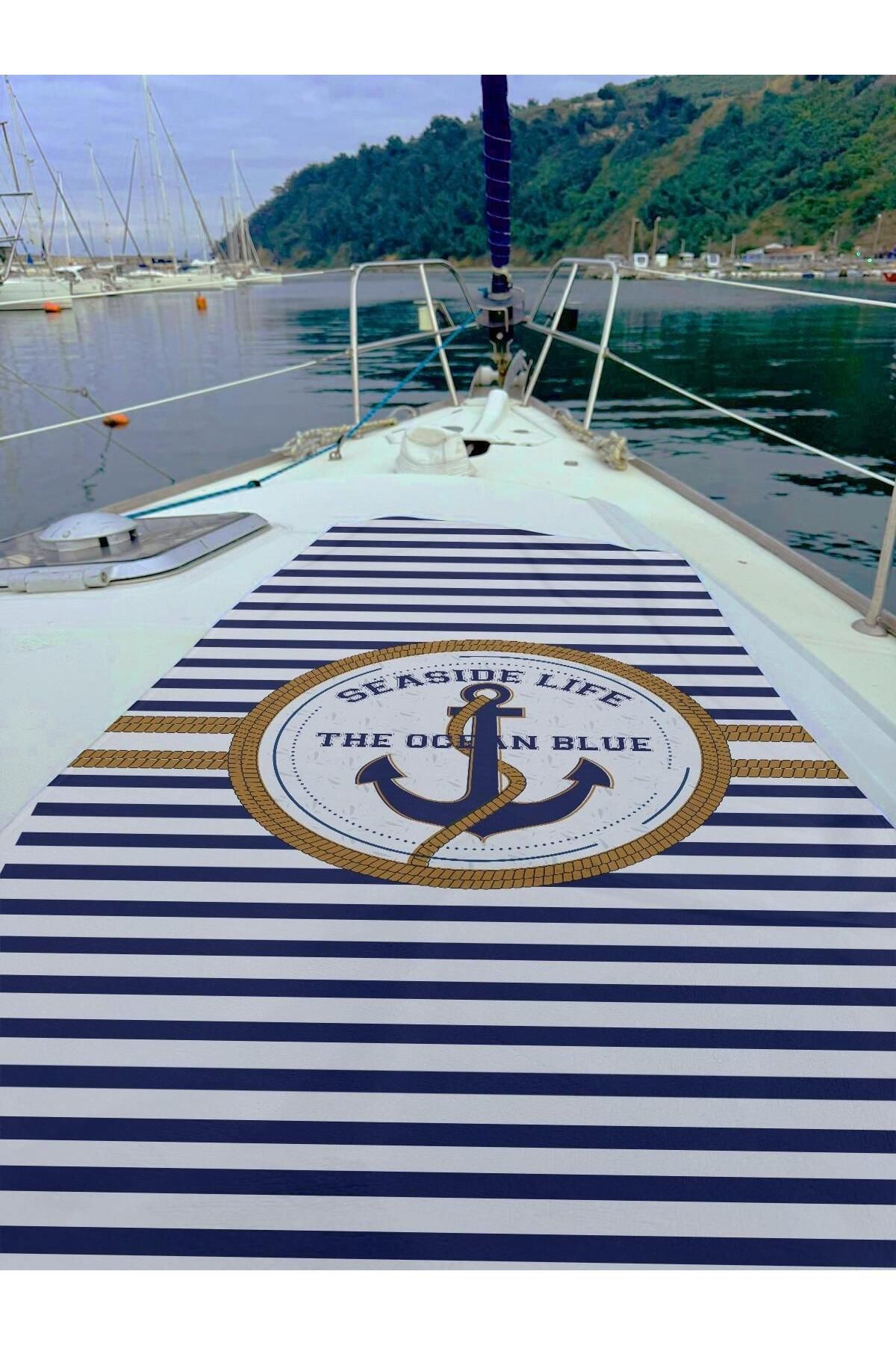 Miami Beach Marin Çapa Desenli Lacivert Beyaz Unisex Plaj Havlusu 70x150 0107