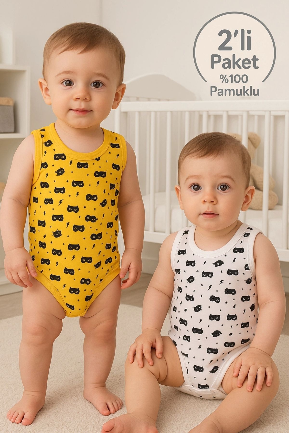 Babydonat Maskeli Desenli 2'li Paket % 100 Pamuk Erkek Bebek Askılı Body Seti