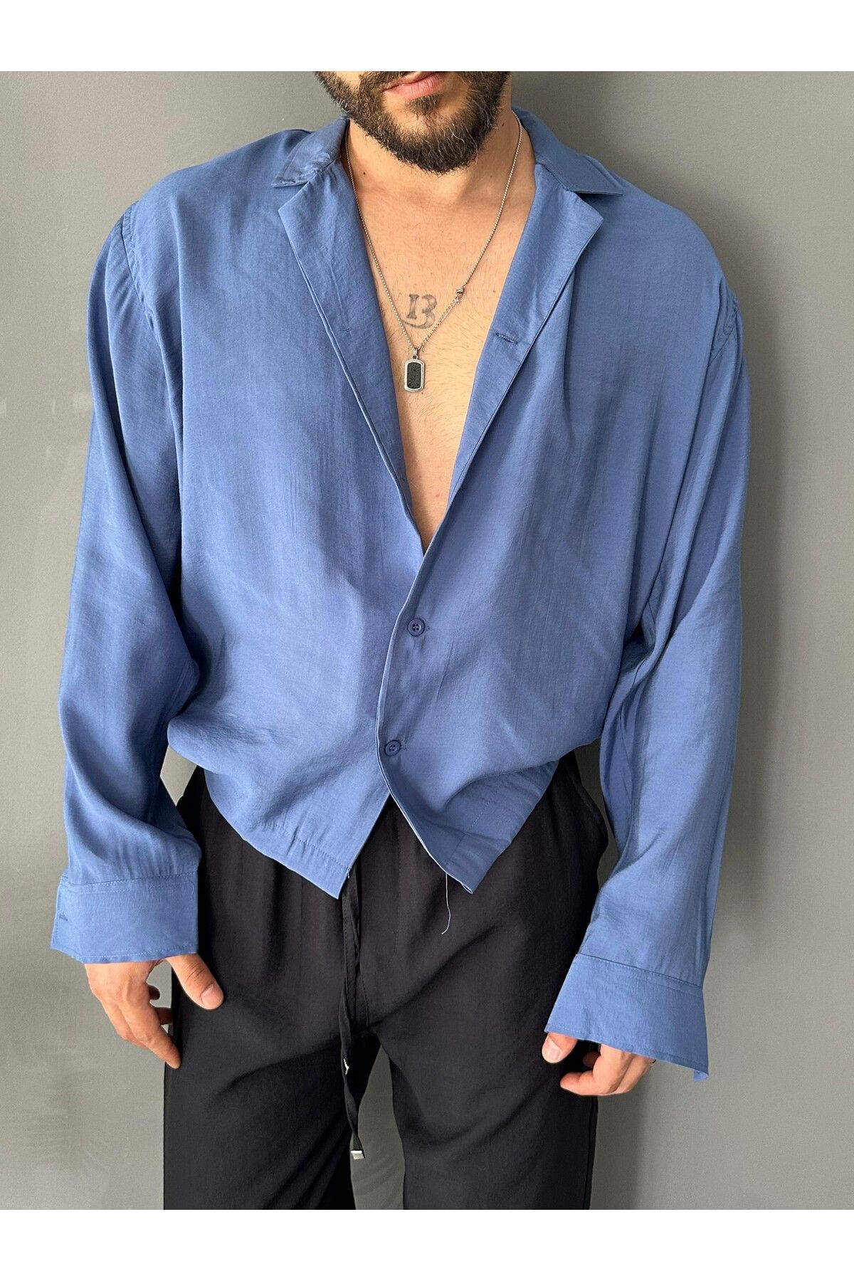 THEMANN Apaş Yakalı Modal Kumaş Mavi Oversize Gömlek