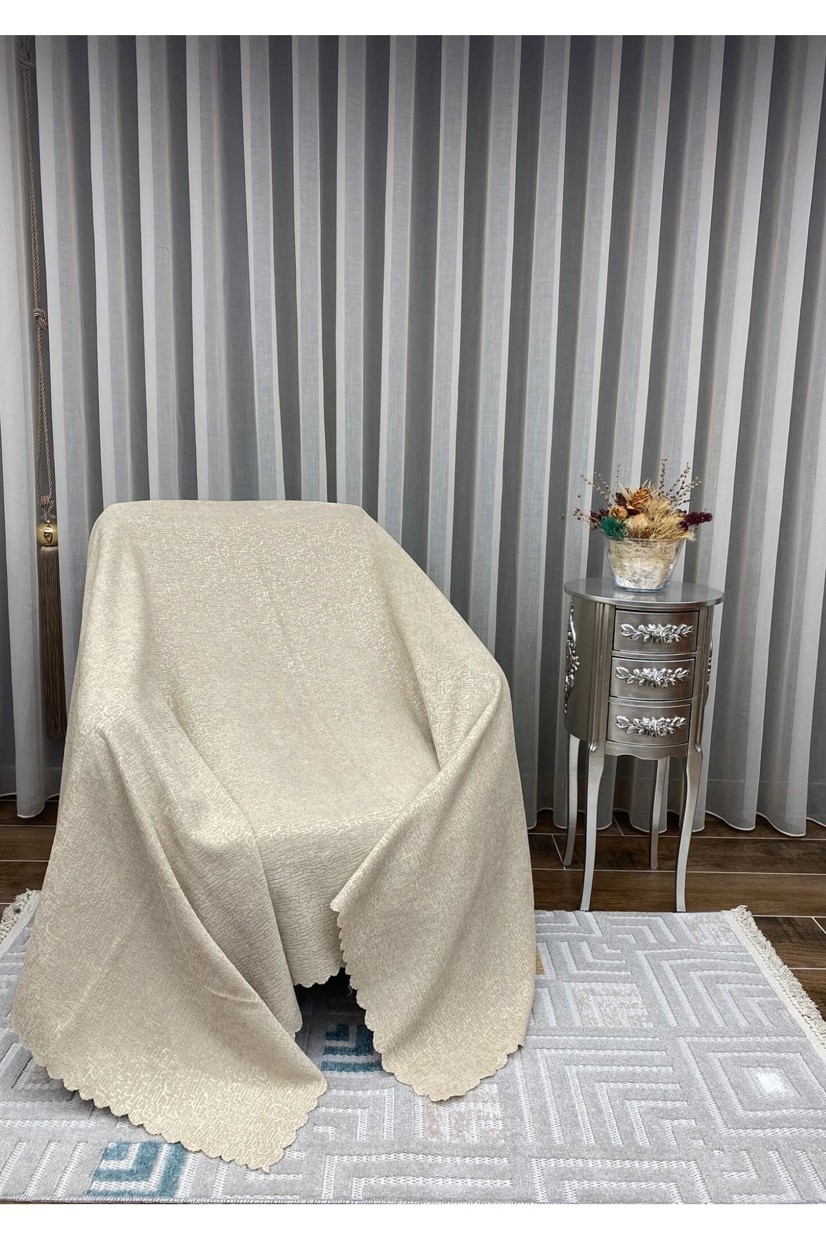 Sivalde Şönil Koyu Krem Modern Koltuk Örtüsü, Kaymaz Salon Çekyat/Kanepe Örtüsü