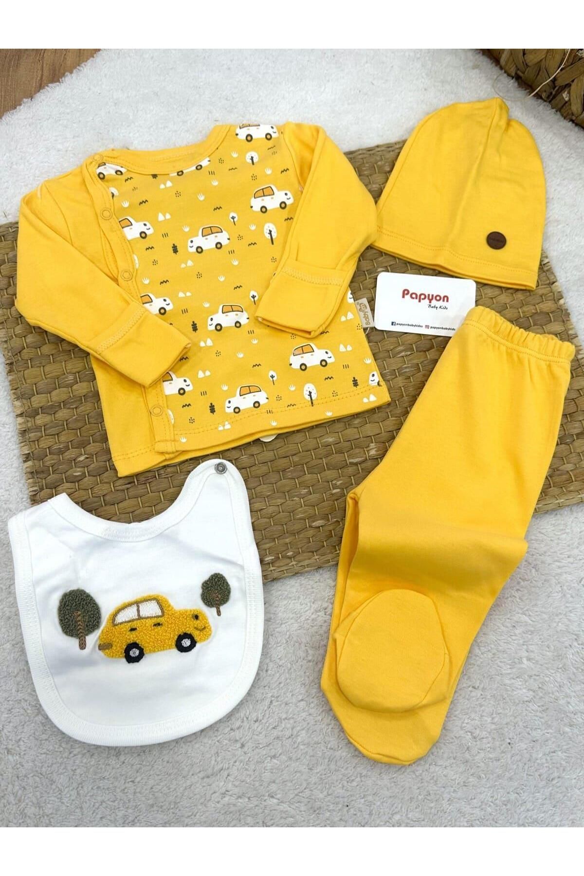 Papyon Baby Kids Araba Baskı Erkek Bebek 4lü Zıbın Set Hastane Çıkışı