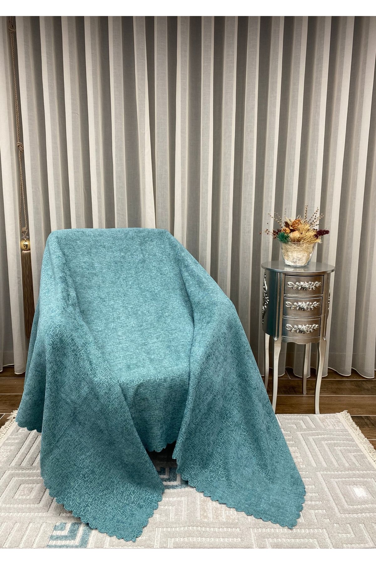 Sivalde Şönil Su Yeşili Modern Koltuk Örtüsü, Kaymaz Salon Çekyat/Kanepe Örtüsü