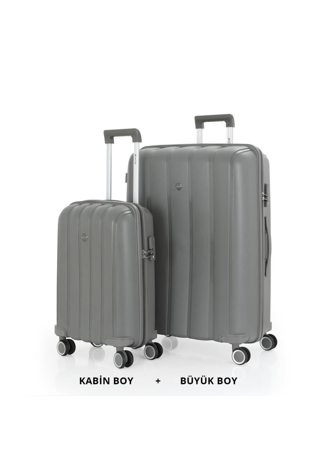 MÇS Bavul Büyük ve Kabin 2li Set Kırılmaz Silikon Valiz V305 Gri
