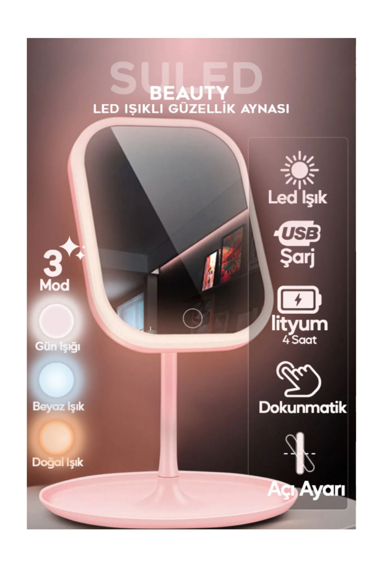 CeysHOME Led Işıklı Makyaj Aynası 3 Modlu Usb Şarjlı Beyaz Dikdörtgen Taşınabilir Açı Ayarlı Güzellik Ayna
