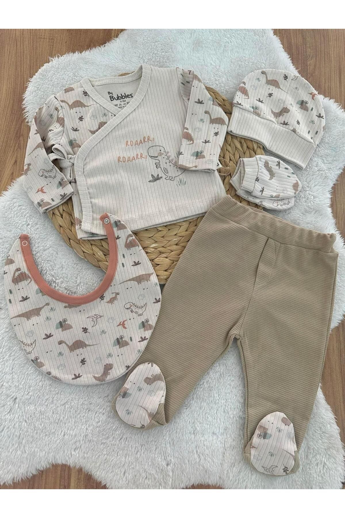 Papyon Baby Kids Dinozor Model Raporlu Yenidoğan Erkek Bebek 5li Zıbın Set Hastane Çıkışı