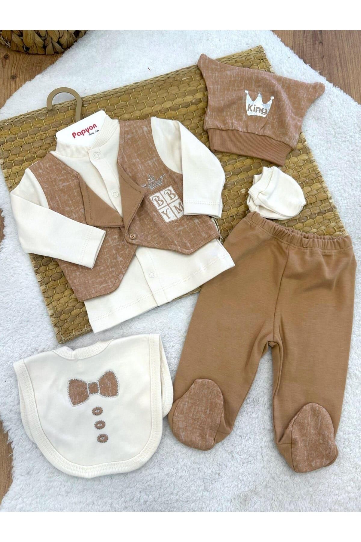 Papyon Baby Kids Kral Tacı Nakışlı Armalı Yenidoğan Erkek Bebek 5li Zıbın Set
