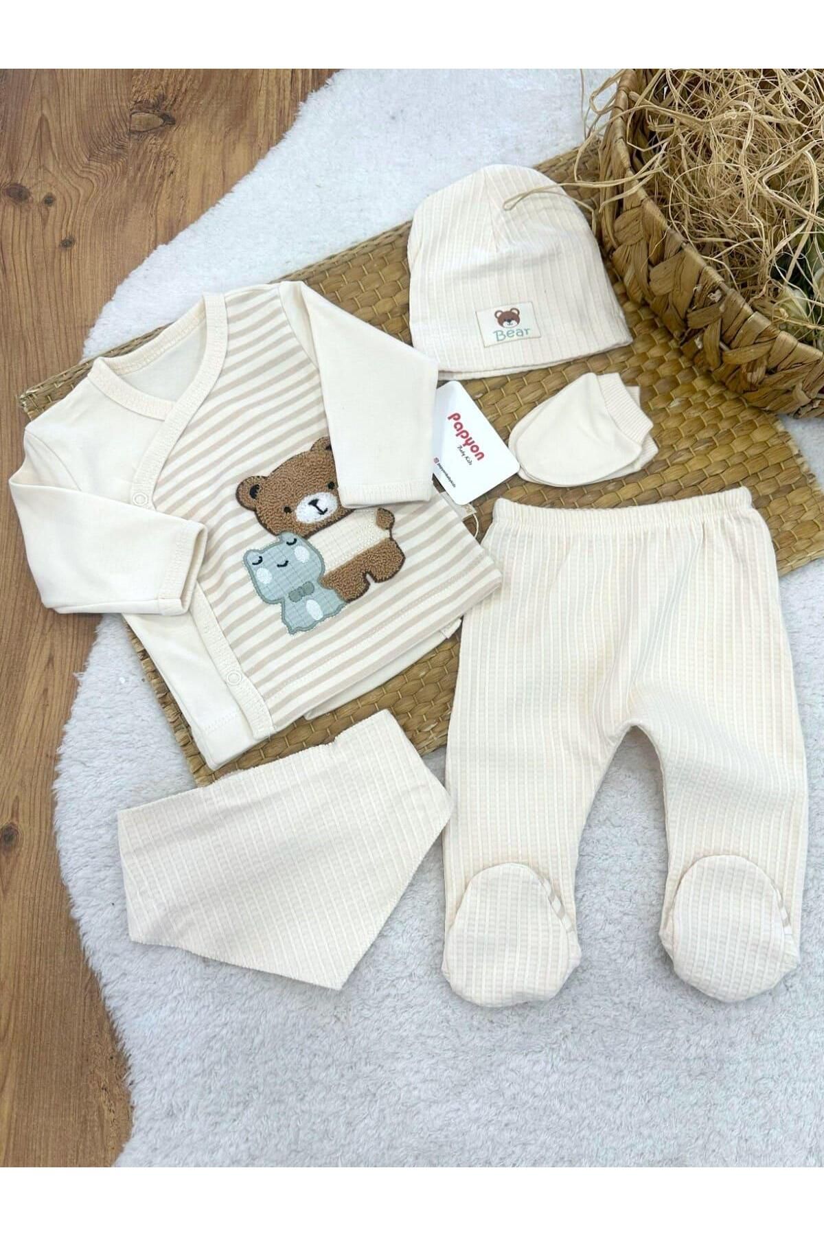 Papyon Baby Kids Süzene Ayıcık Kurbağa Nakışlı Yenidoğan Erkek Bebek 5li Zıbın Set
