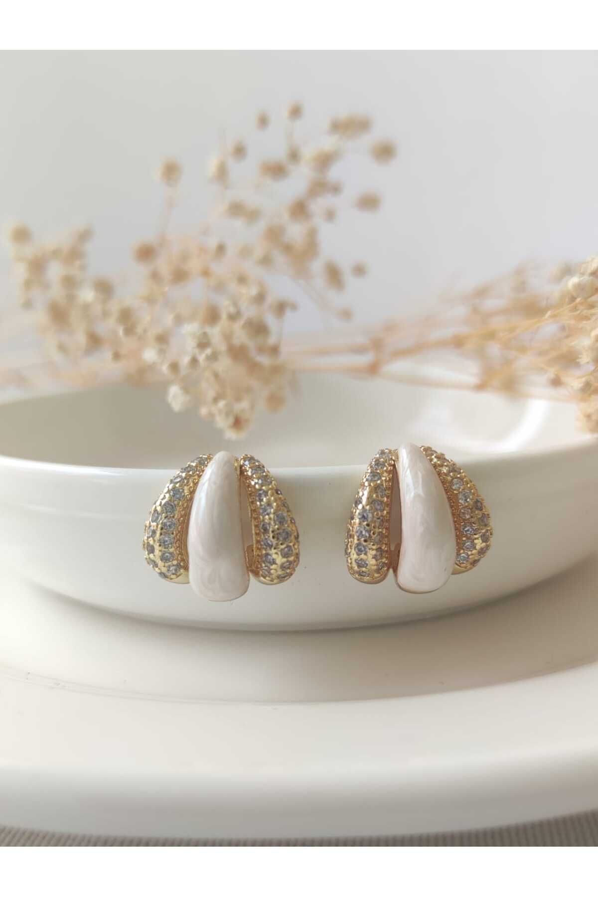 MoS JEWELLERY Gold Renk Taşlı Oval Tasarım Küpe