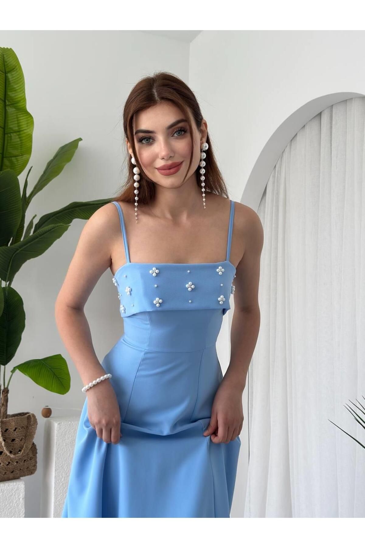 conconmoda Askılı İnci Detay Kiloş Atlas Uzun Elbise