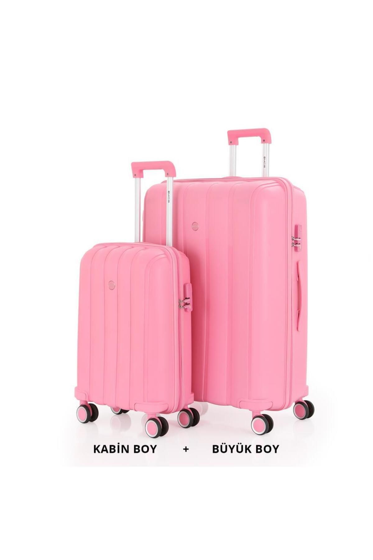 MÇS Bavul Büyük ve Kabin 2li Set Kırılmaz Silikon Valiz V305 Pembe