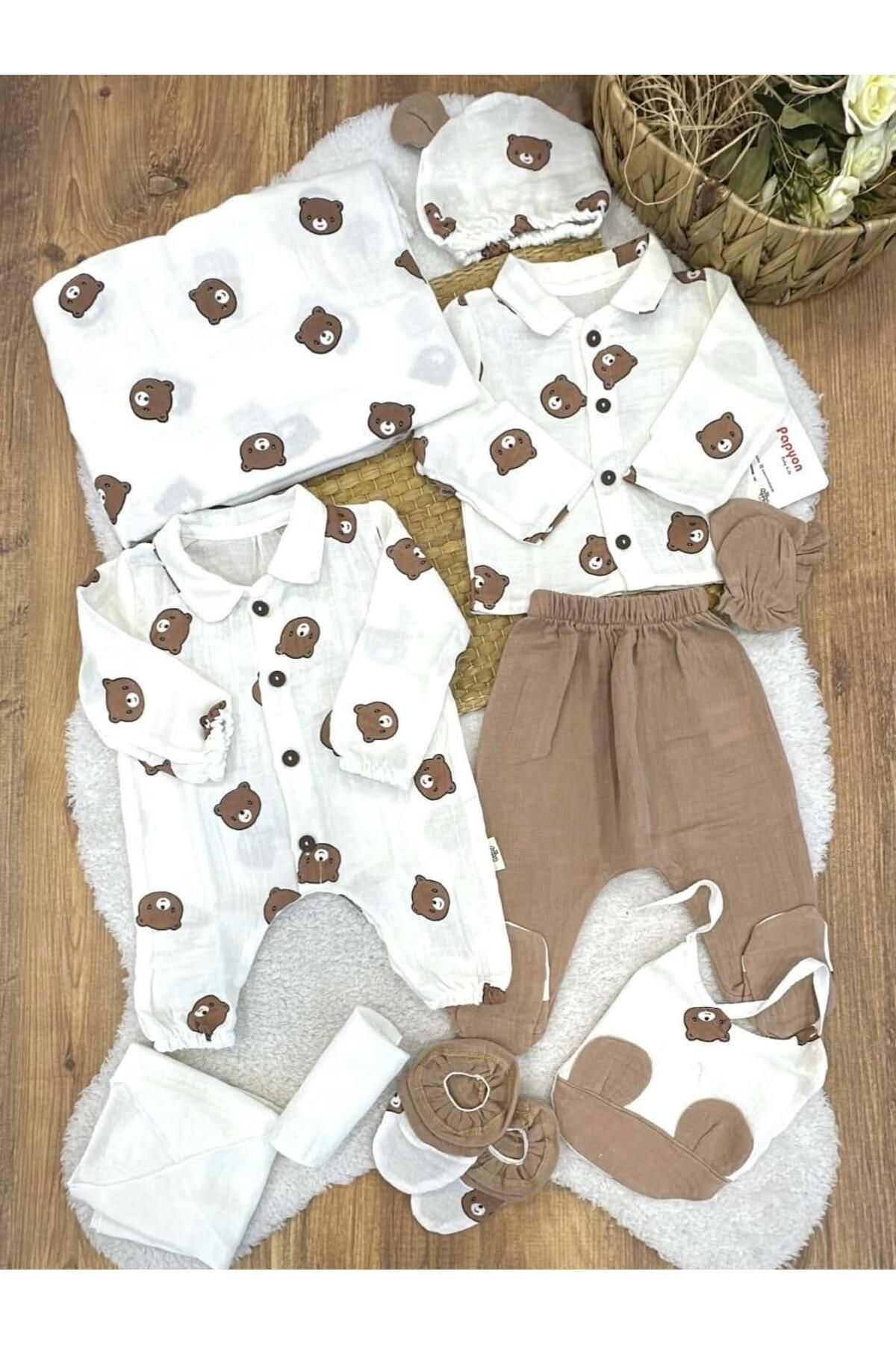 Papyon Baby Kids Ayıcık Kafa Baskılı Yenidoğan Erkek Bebek Müslin 10lu Zıbın Set Hastane Çıkışı